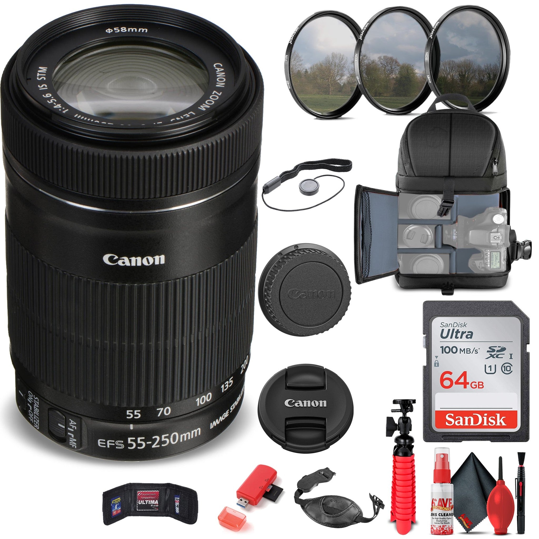 Canon EF-S 55-250mm f/4-5.6 IS STM Lens 8546B002 + Filter + BackPack + More - Reconditioned Canon