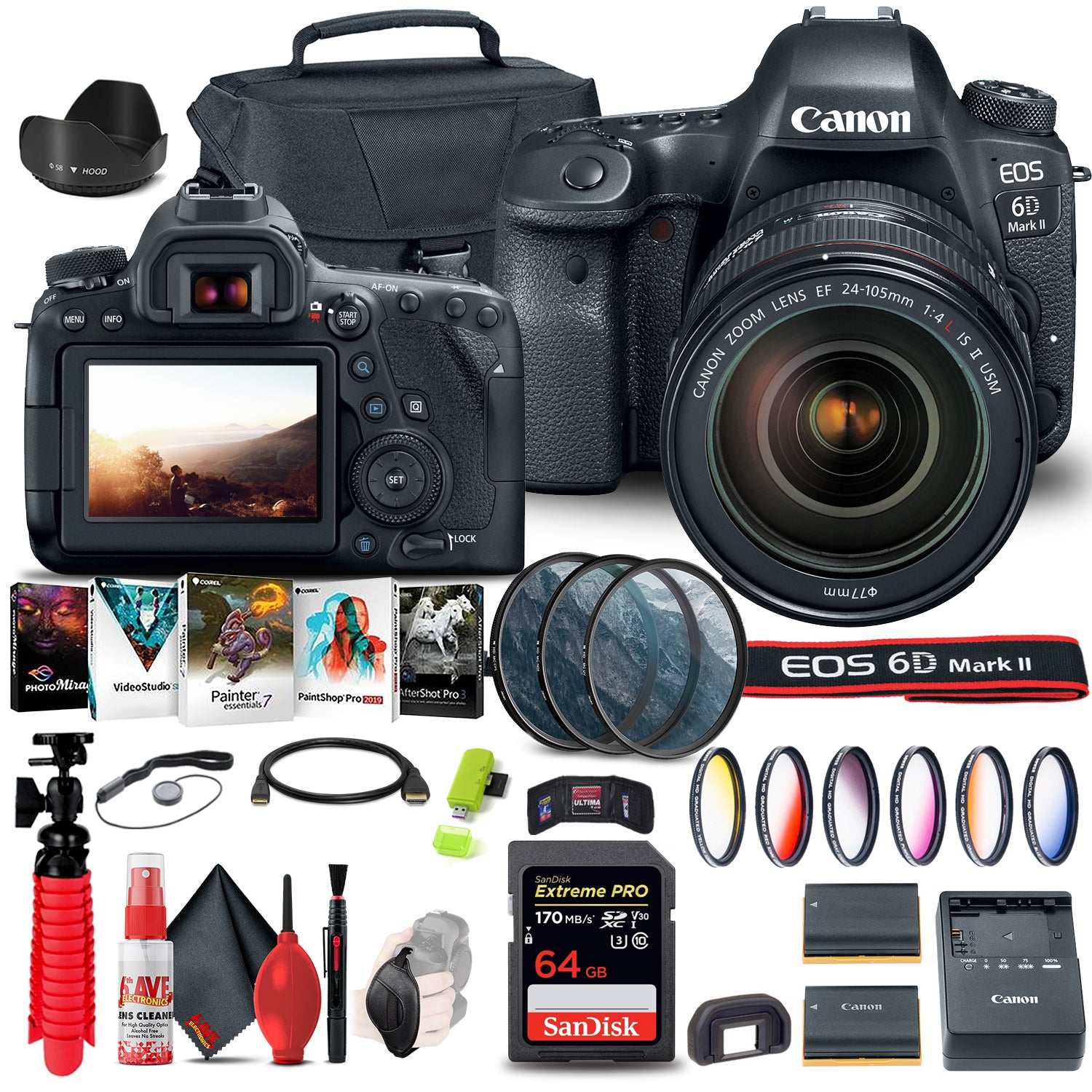 Canon EOS 6D Mark II Camera with 24-105mm f/4L II Lens (1897C009) Travel Vlogger Bundle