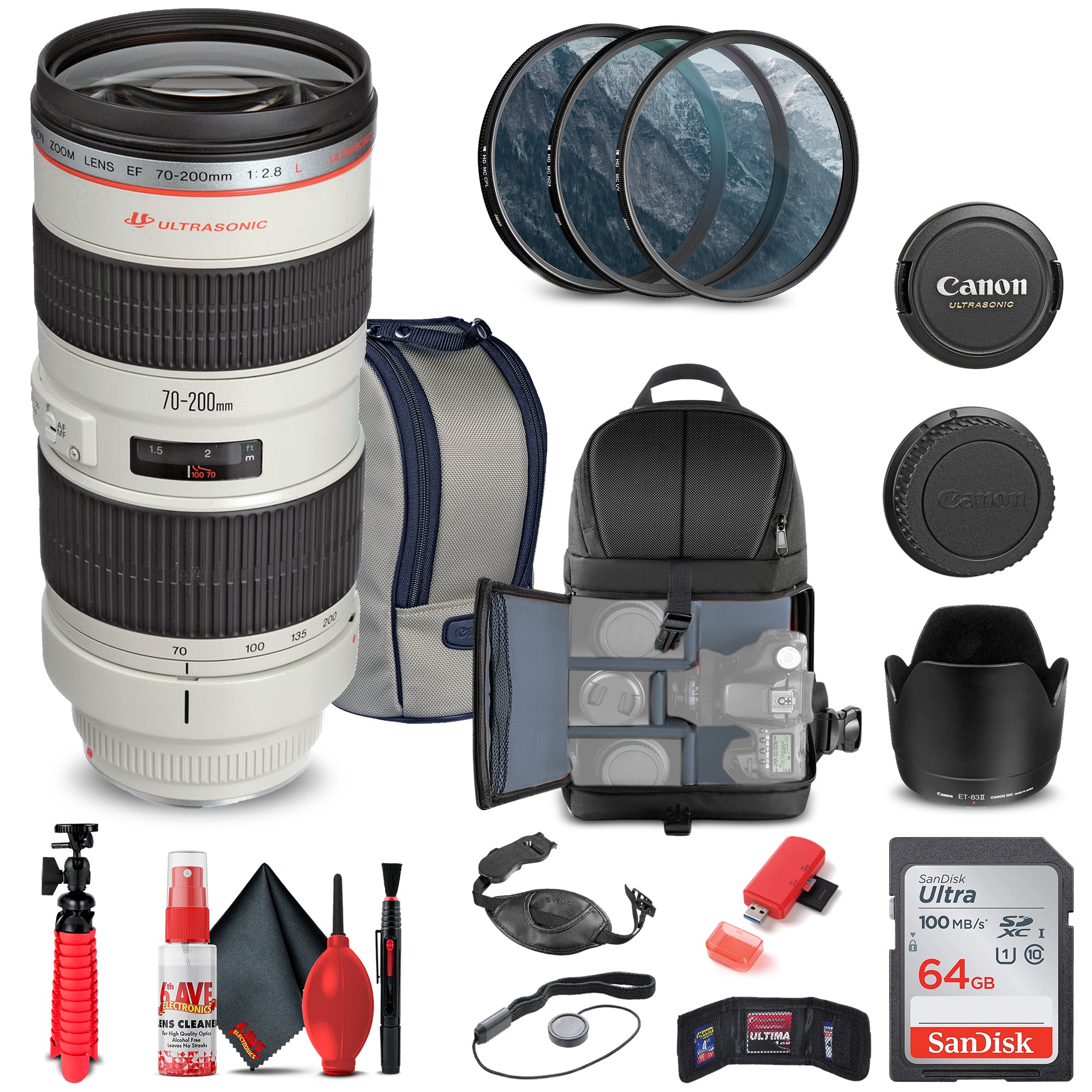 Canon EF 70-200mm f/2.8L USM Lens (2569A004) + Filter Kit + BackPack + More