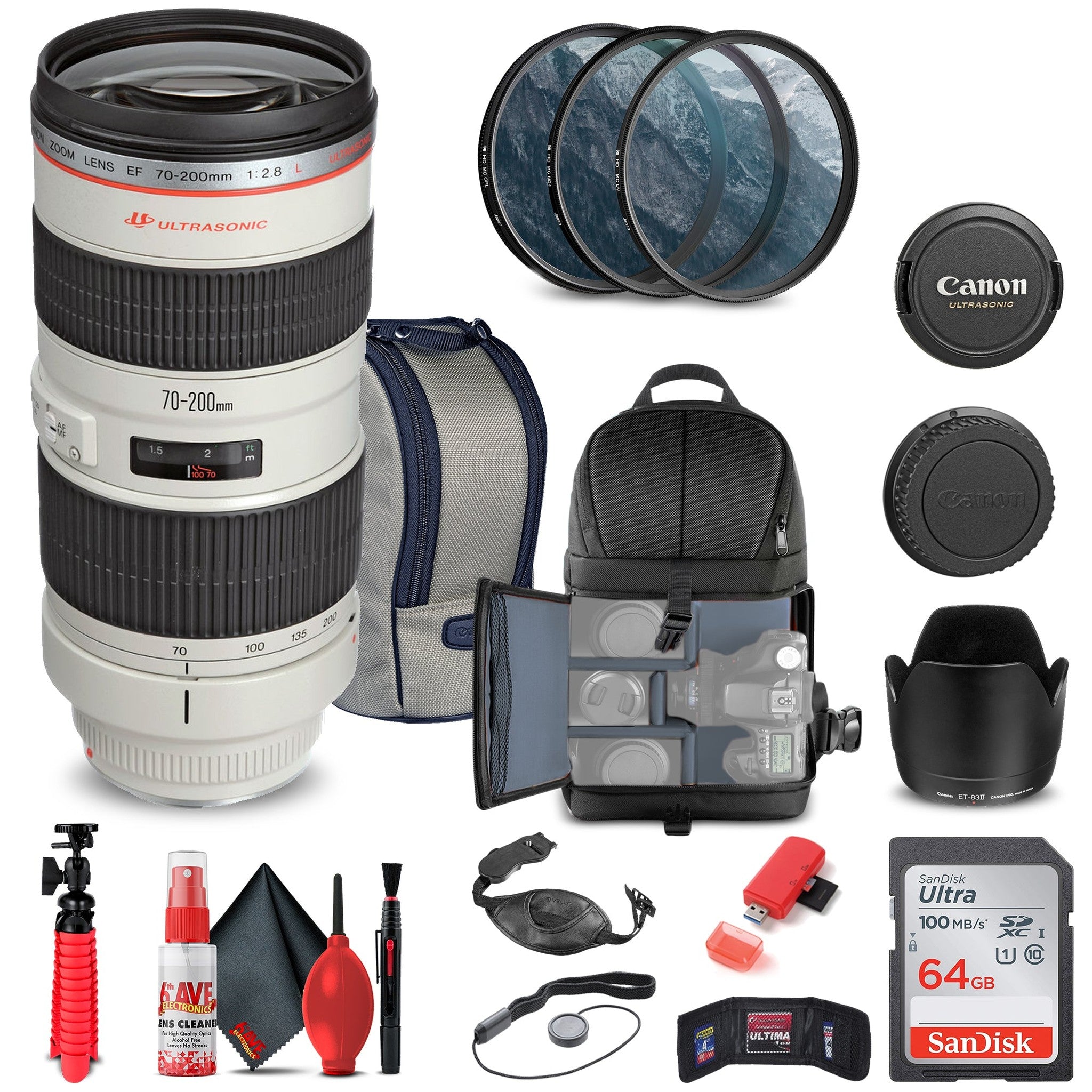 Canon EF 70-200mm f/2.8L USM Lens 2569A004 + Filter Kit + BackPack + More Canon