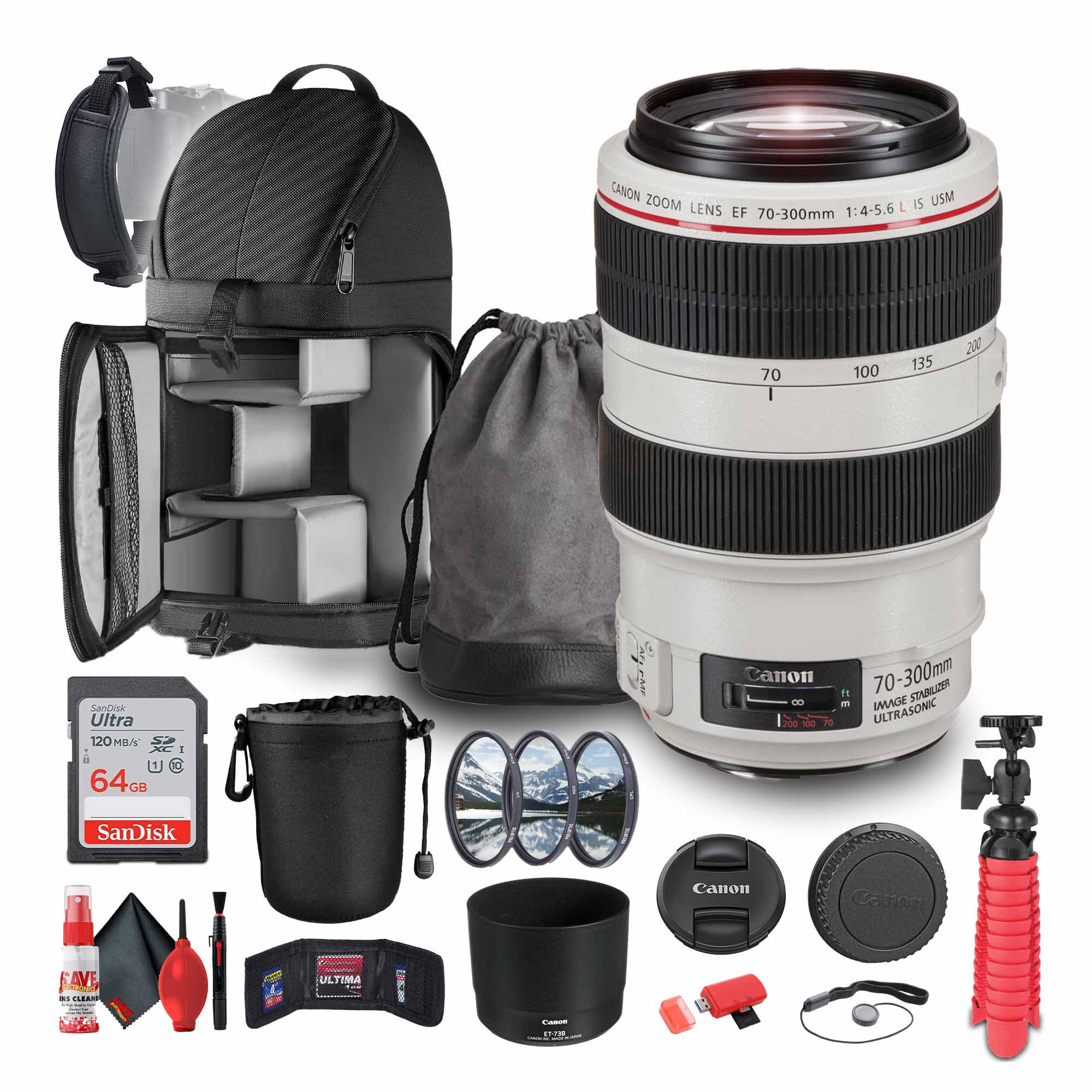 Canon EF 70-300mm f/4-5.6L IS USM Telephoto Zoom Lens + 64GB Memory Card + More