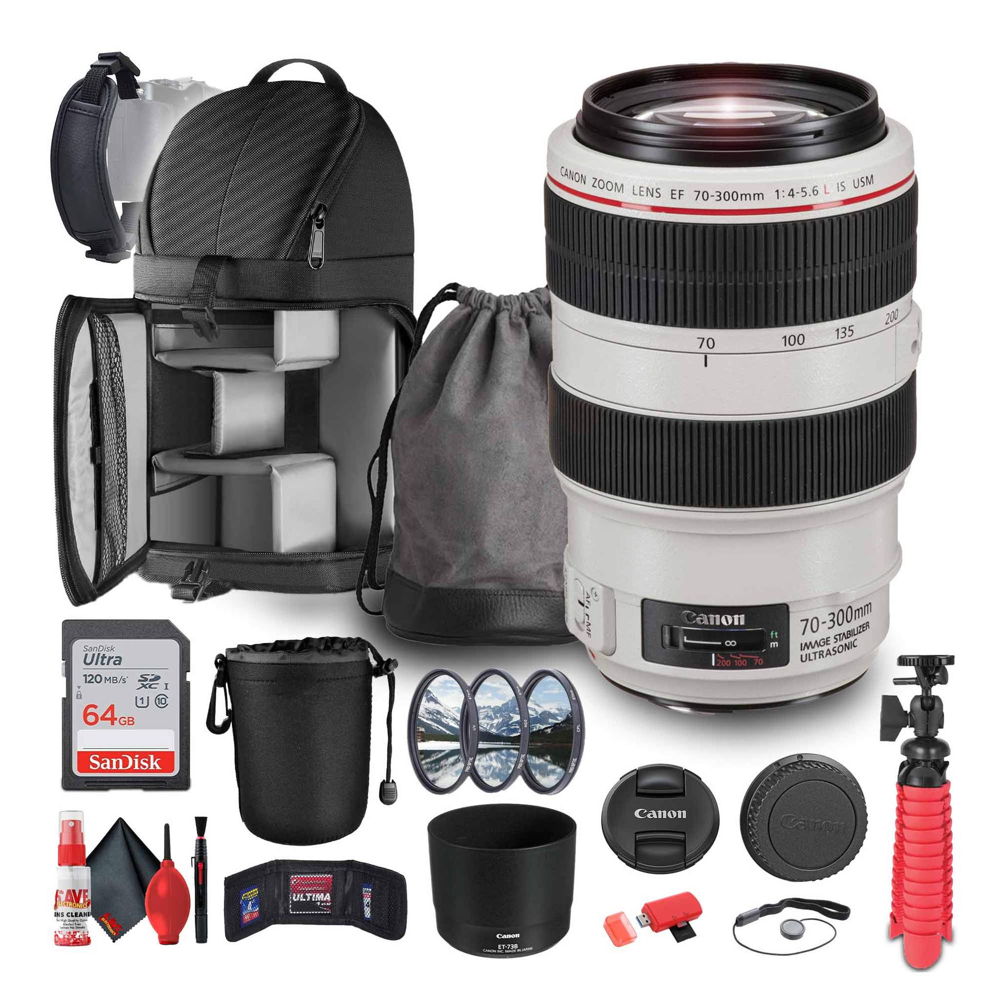 Canon EF 70-300mm f/4-5.6L IS USM Telephoto Zoom Lens + 64GB Memory Card + More Canon