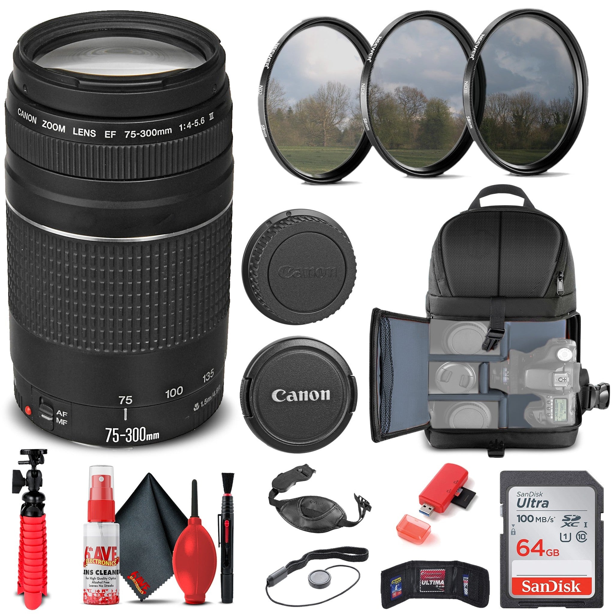 Canon EF 75-300mm f/4-5.6 III Lens 6473A003 + Filter Kit + BackPack + More