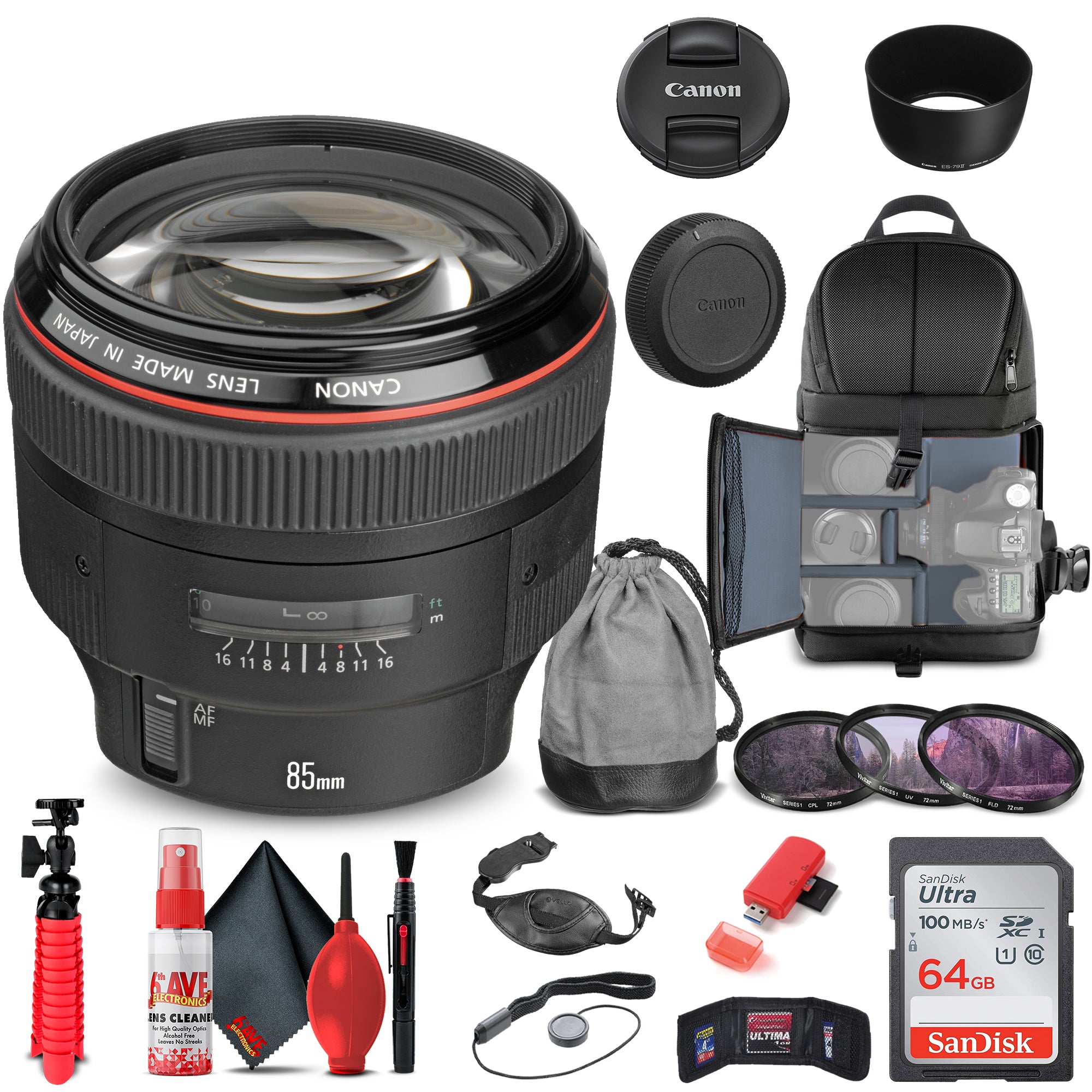 Canon EF 85mm f/1.2L II USM Lens (1056B002) + Filter + BackPack + 64GB + More