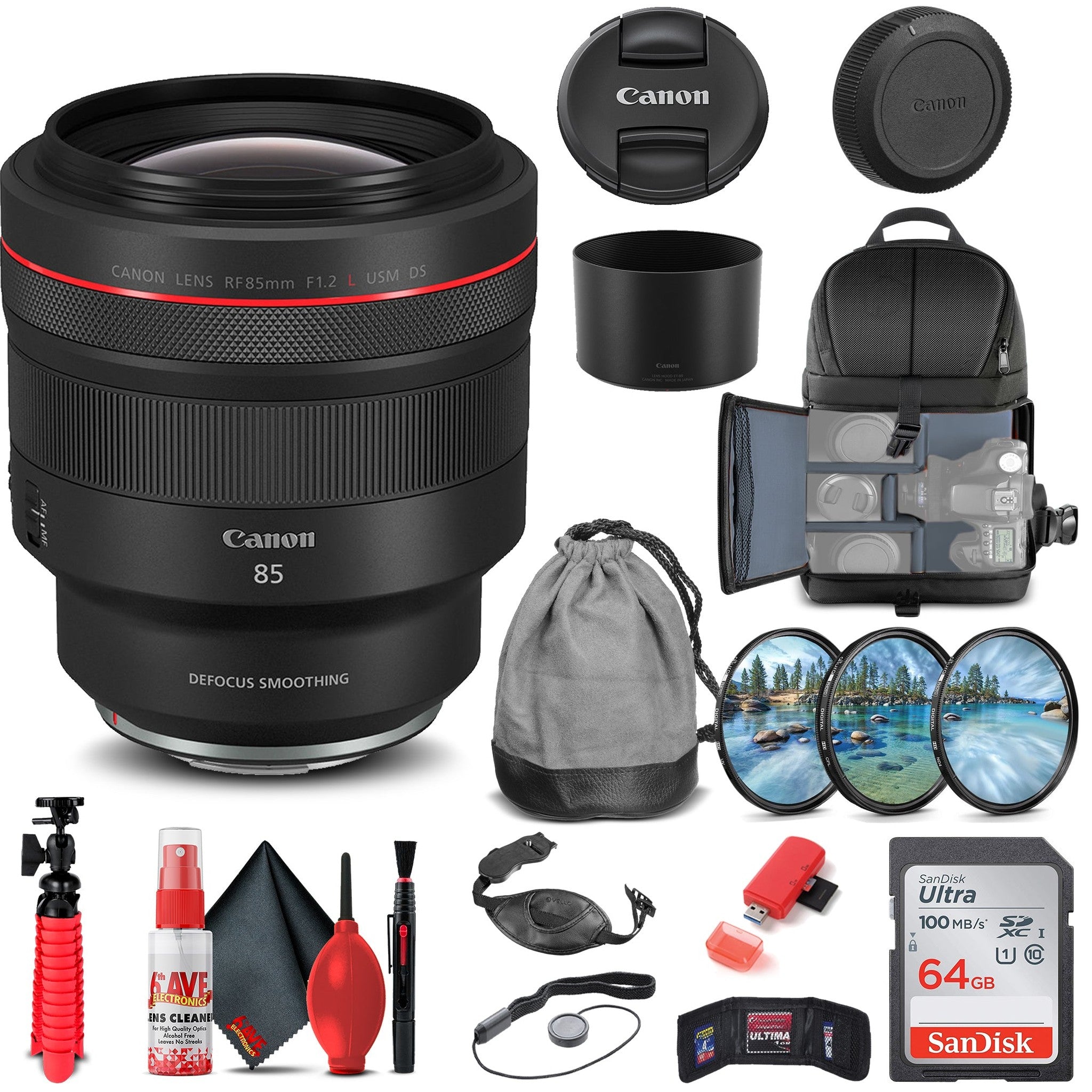 Canon RF 85mm f/1.2L USM DS Lens 3450C002 + Filter Kit + BackPack + More - Reconditioned Canon