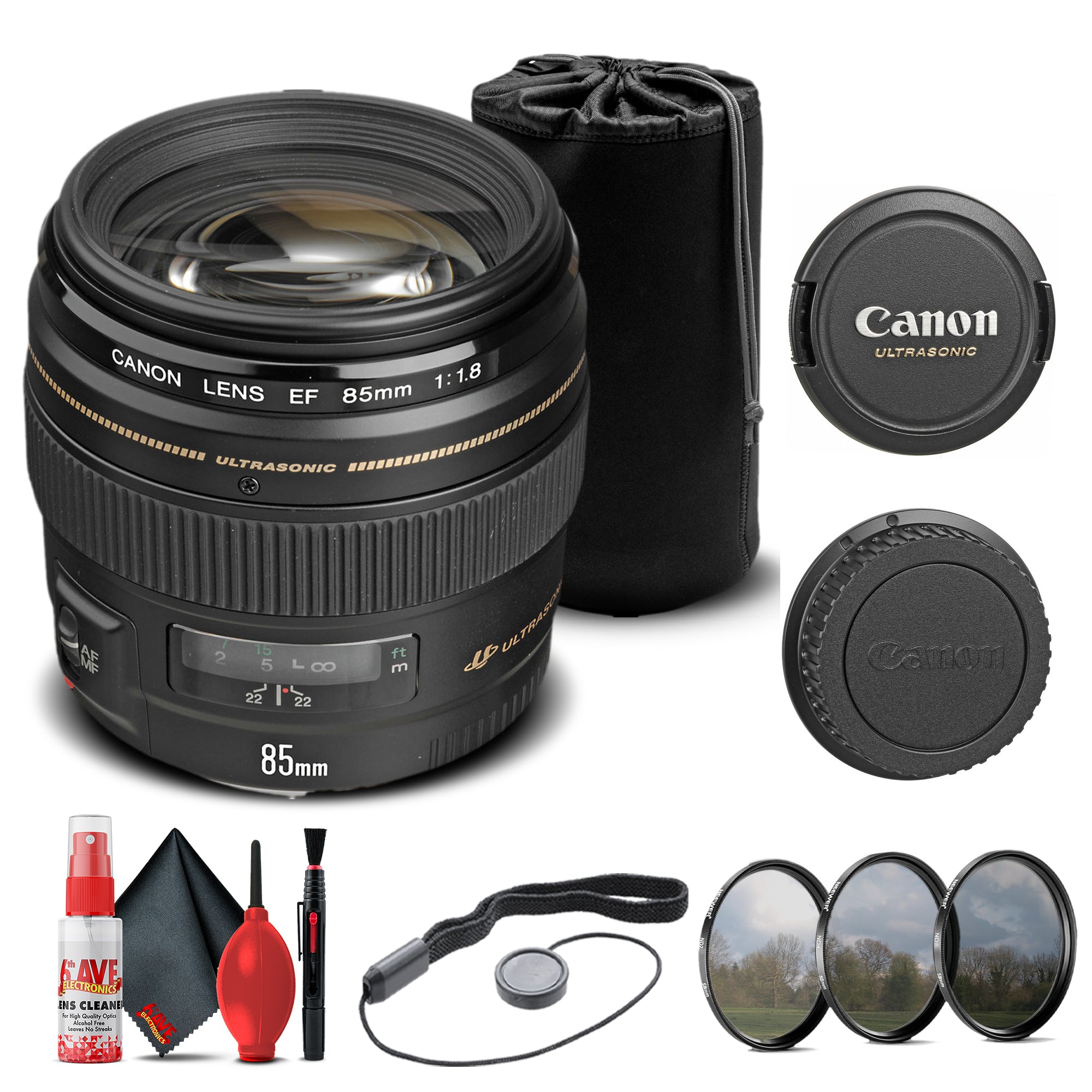 Canon EF 85mm f/1.8 USM Lens 2519A003 + Filter Kit + Lens Pouch Base Bundle