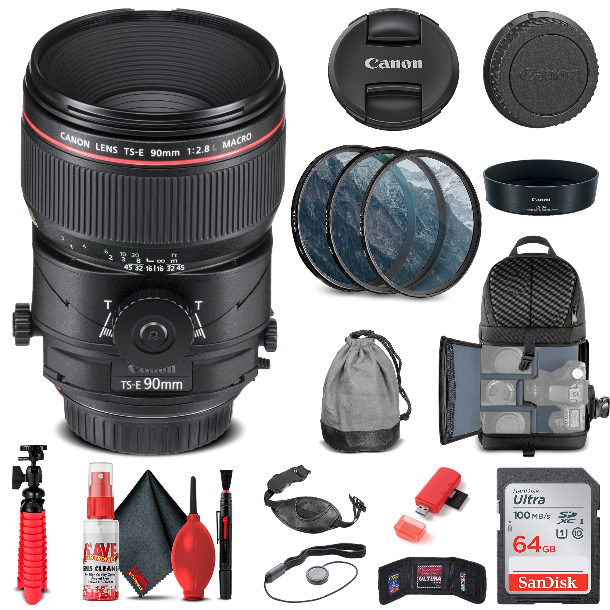 Canon TS-E 90mm f/2.8L Macro Tilt-Shift Lens (2274C002) + Filter Kit + More