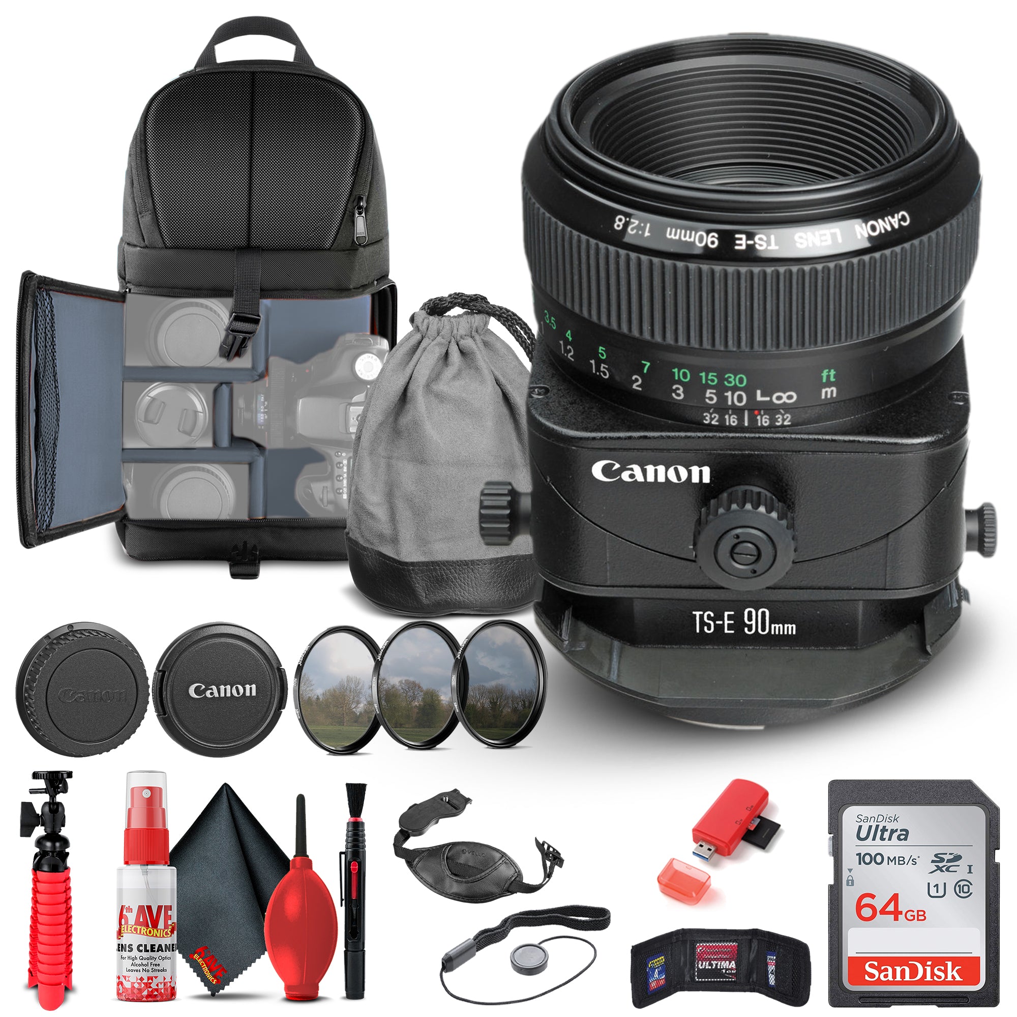 Canon TS-E 90mm f/2.8 Tilt-Shift Lens (2544A003) + Filter Kit + BackPack + More