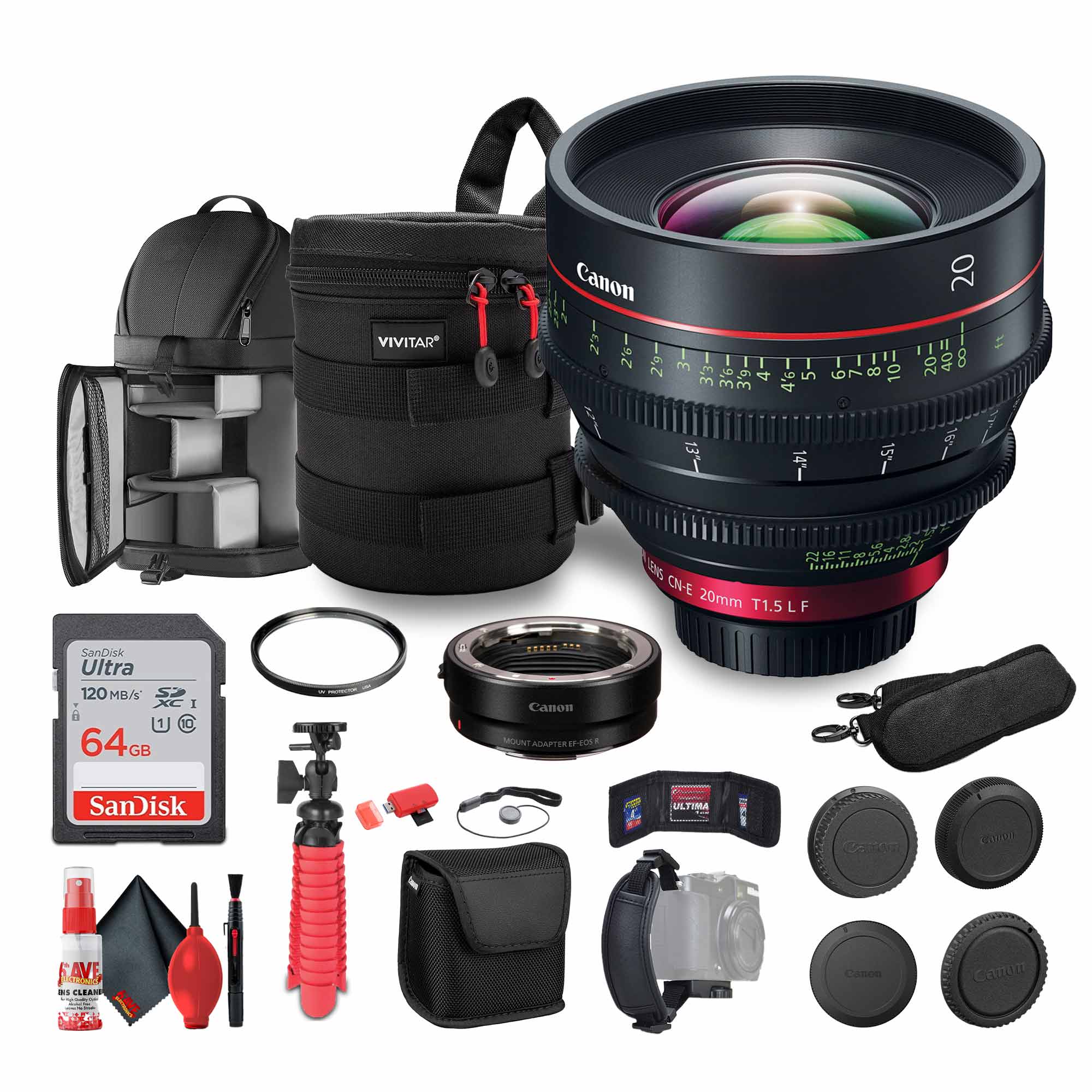 Canon CN-E 20mm T1.5 L F Cinema Lens EF Mount + Mount Adapter EF-EOS R + More Bundle