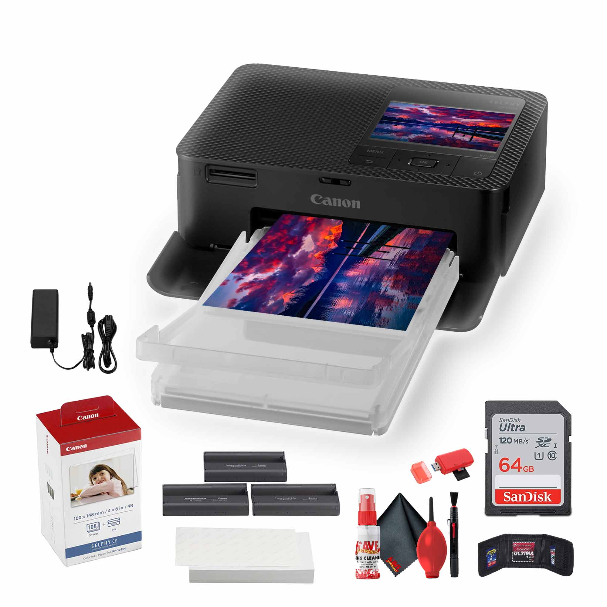 Canon SELPHY CP1500 Photo Printer + Canon KP-108IN Color Ink and Paper Set + More Bundle