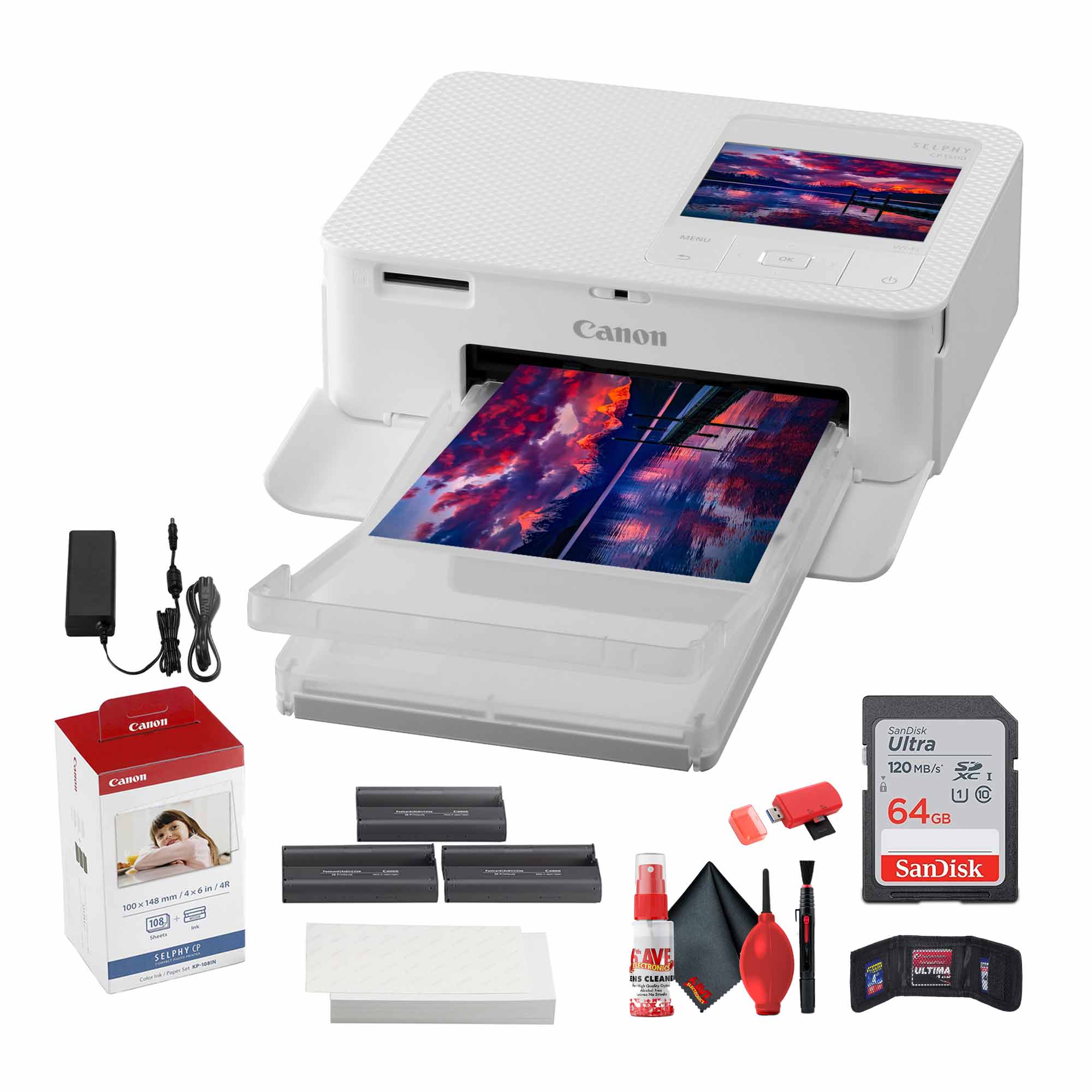 Canon SELPHY CP1500 Photo Printer White + Canon Color Ink and Paper Set + More Bundle