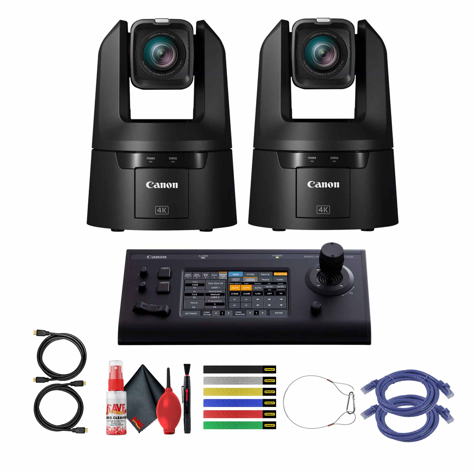 2 x Canon CR-N500 Professional 4K NDI PTZ Camera + Canon RC-IP100 Controller +More Bundle