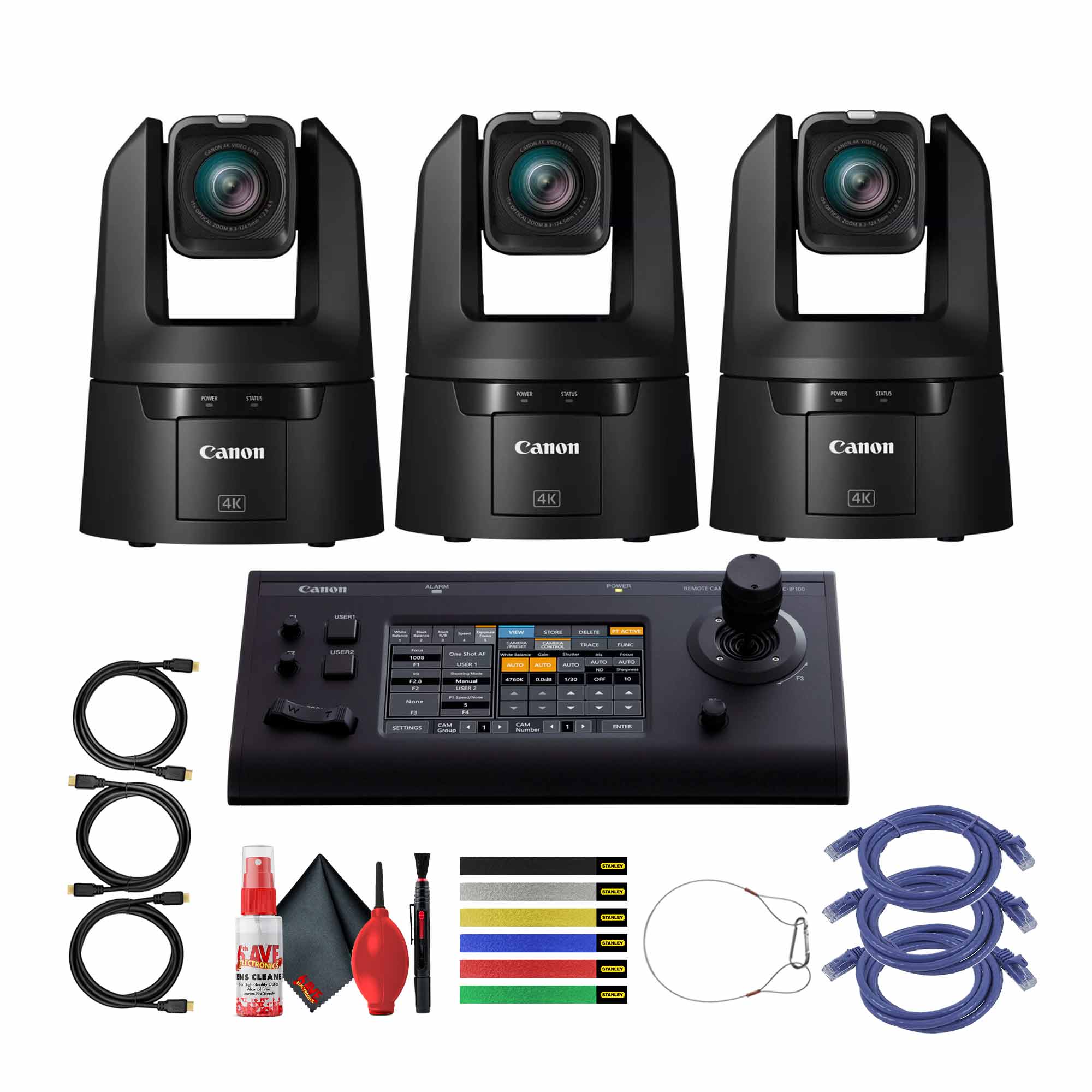 3 x Canon CR-N500 Professional 4K NDI PTZ Camera + Canon RC-IP100 Controller + More Bundle