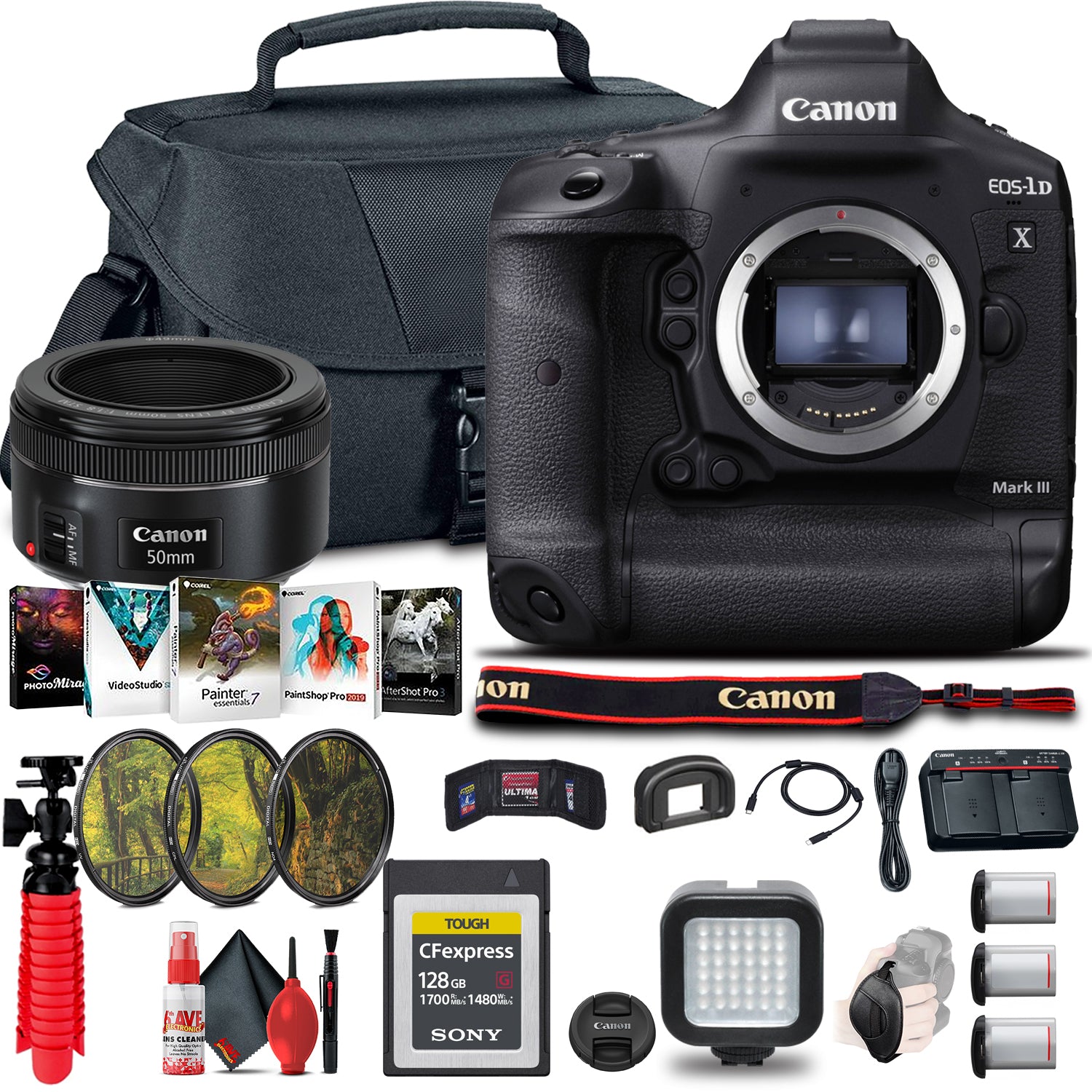 Canon EOS-1D X Mark III DSLR Camera (Body Only) (3829C002) + Canon EF 50mm Lens + Flash