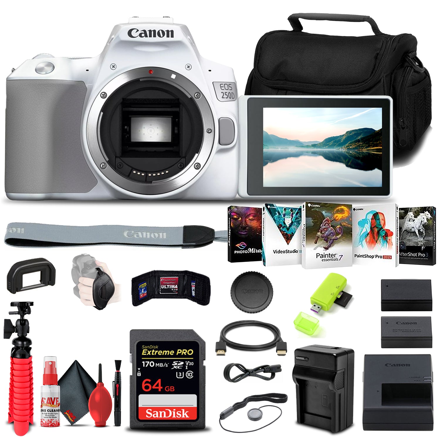 Canon EOS 250D / Rebel SL3 DSLR Camera (Body Only) + 64GB Card + More Bundle