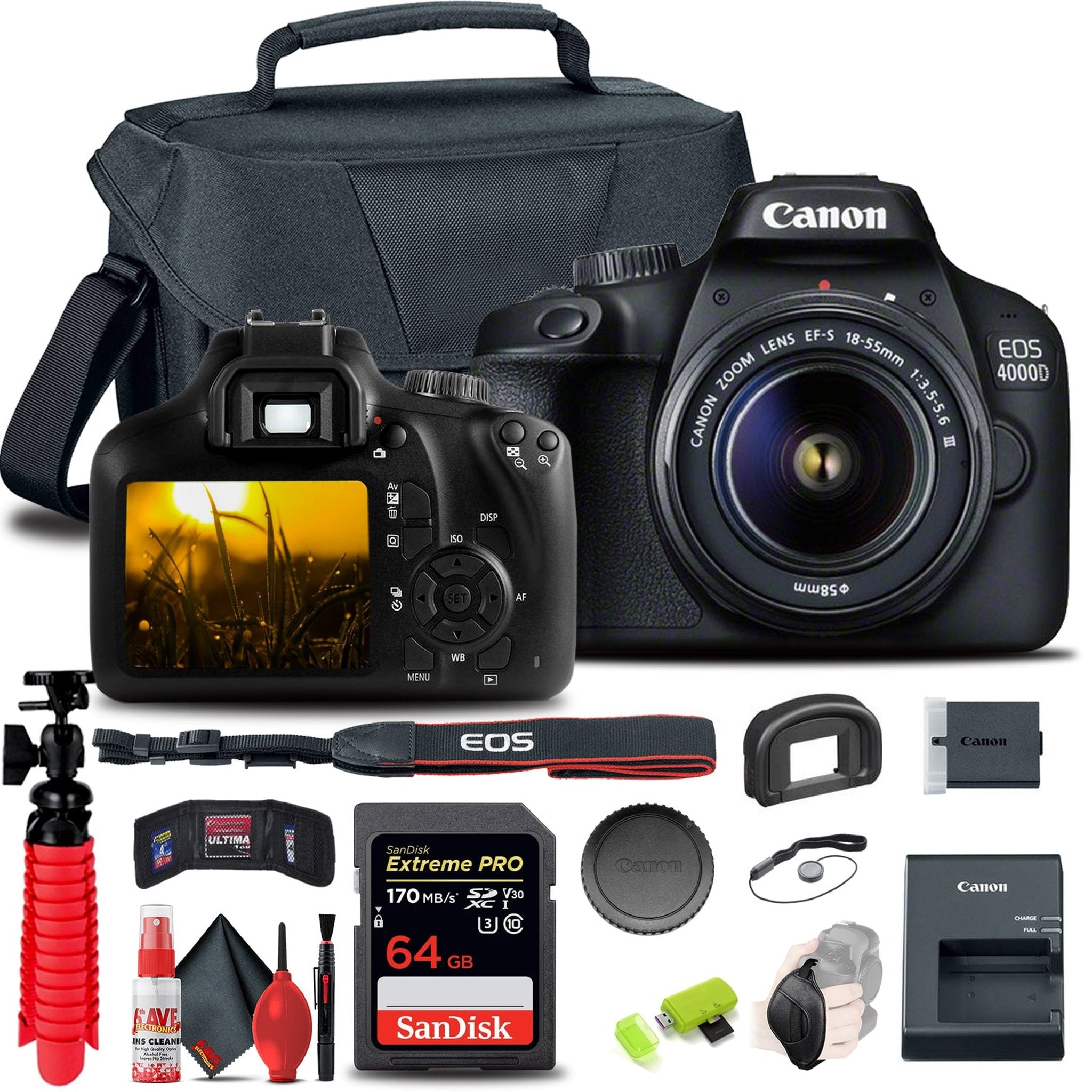 Canon EOS 4000D / Rebel T100 DSLR Camera with 18-55mm Lens + 64GB Card + More - Reconditioned Canon