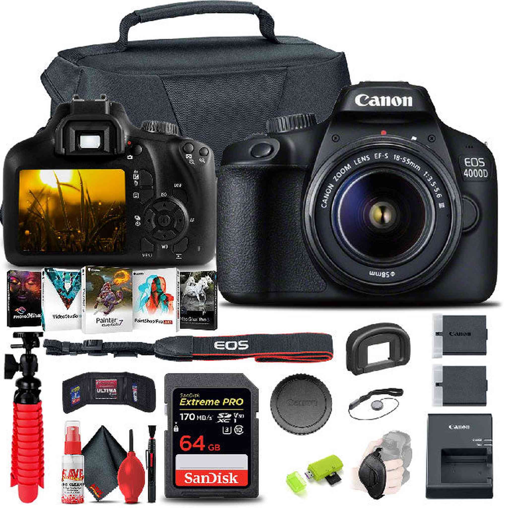 Canon EOS 4000D / Rebel T100 DSLR Camera with 18-55mm Lens Extra Battery Mountain Bundle Canon