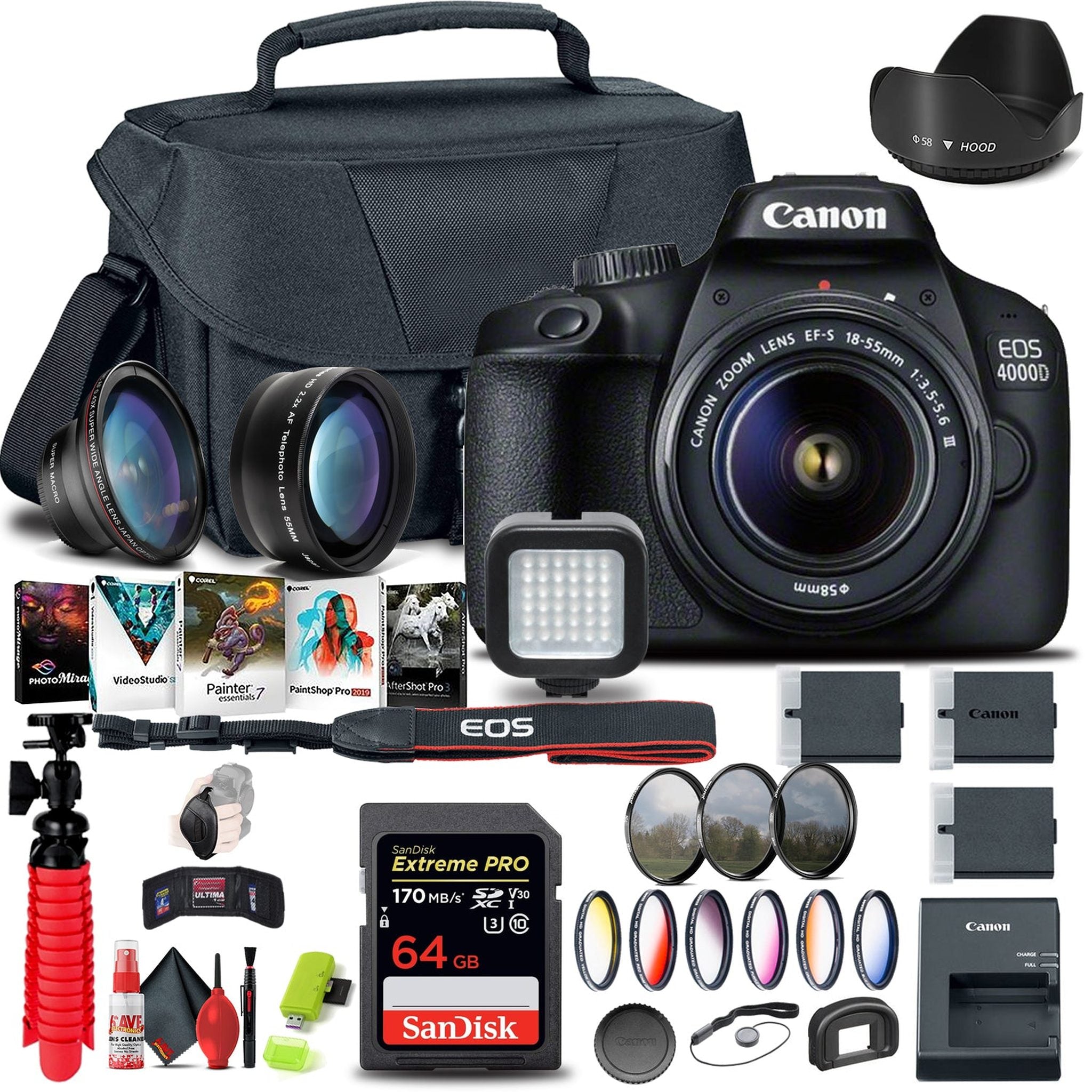 Canon EOS 4000D / Rebel T100 DSLR Camera with 18-55mm Lens + 64GB Card + More - Reconditioned Canon