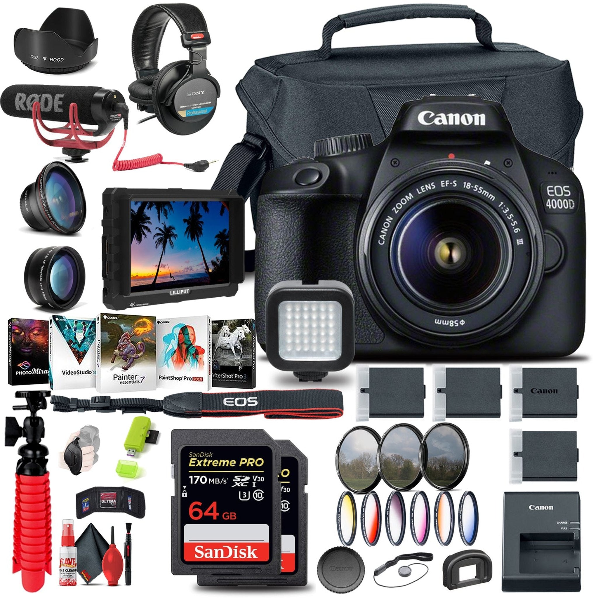Canon EOS 4000D / Rebel T100 DSLR Camera with 18-55mm Lens + 4K Monitor + More - Reconditioned Canon