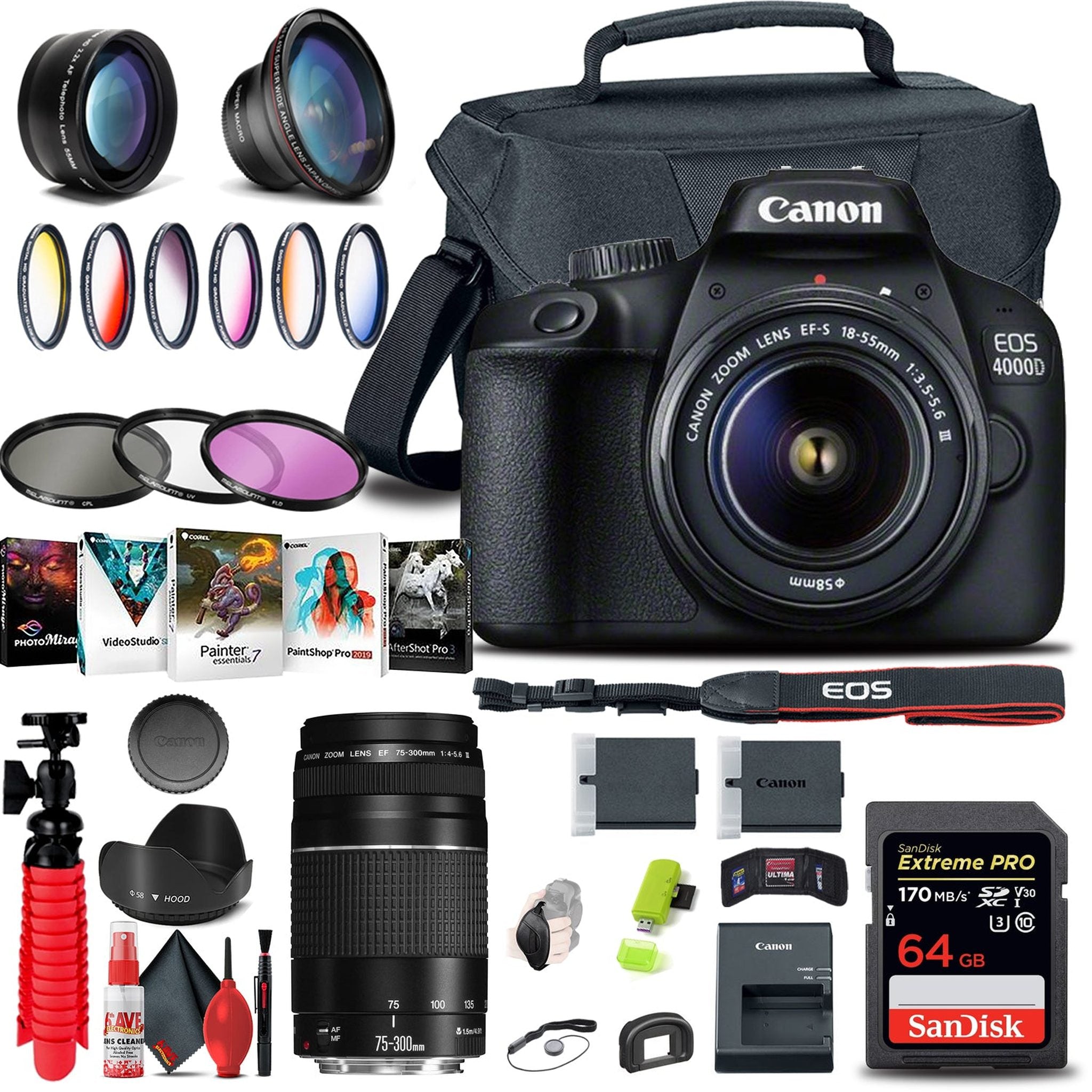 Canon EOS 4000D / Rebel T100 DSLR Camera with 18-55mm Lens + EF 75-300mm + Filter Bundle
