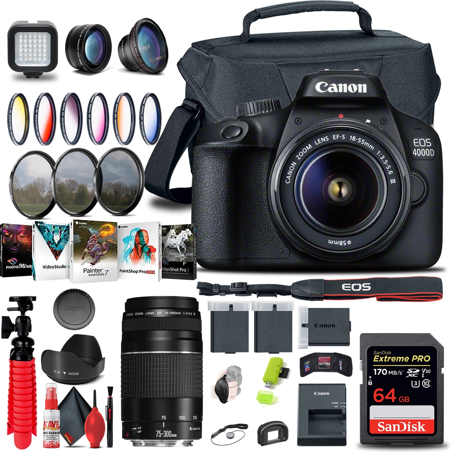 Canon EOS 4000D / Rebel T100 DSLR Camera with 18-55mm Lens + EF 75-300mm + Tripod Bundle