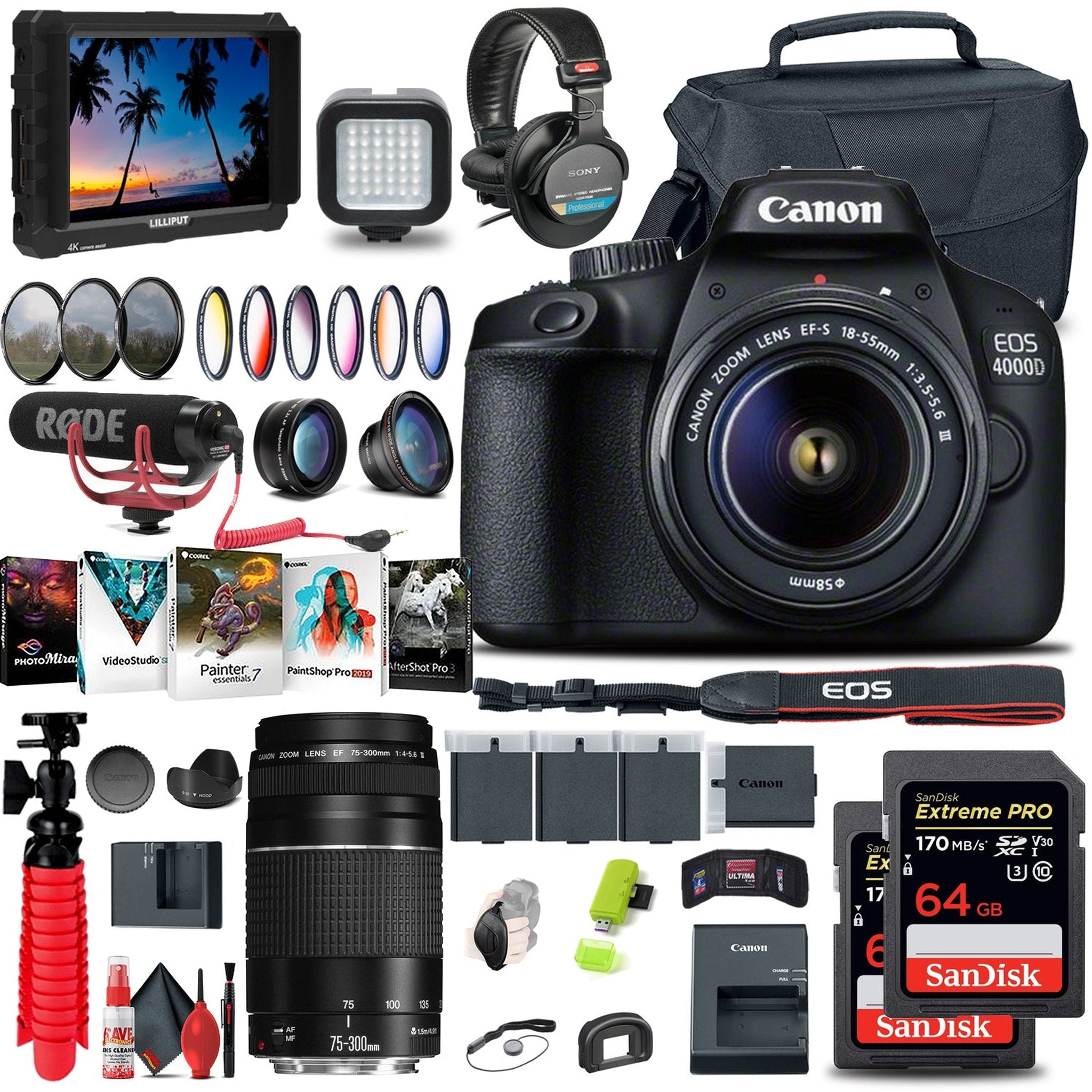 Canon EOS 4000D / Rebel T100 DSLR Camera with 18-55mm Lens + EF 75-300mm + Video Bundle Canon