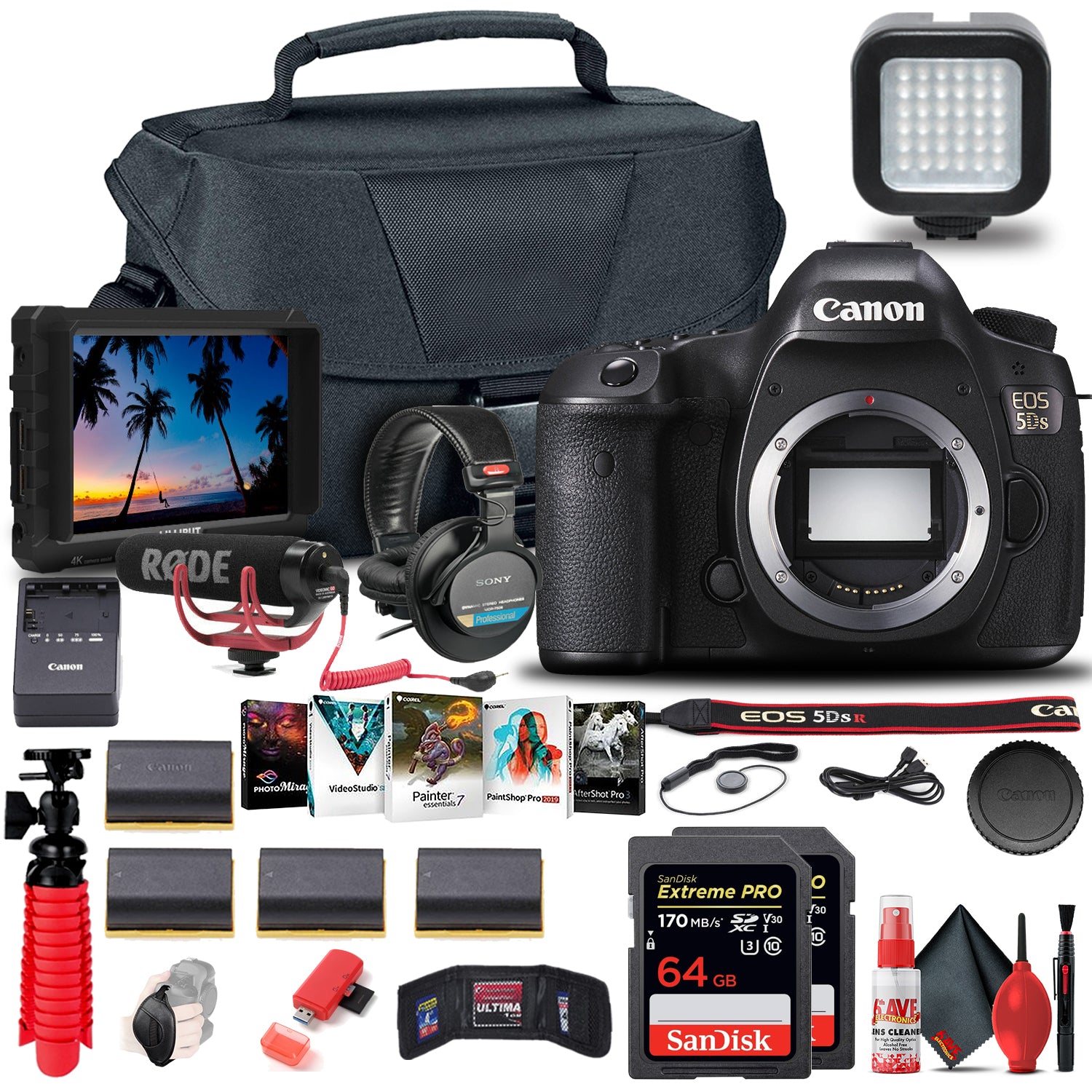 Canon EOS 5DS DSLR Camera (Body Only) (0581C002) + 4K Monitor + Pro Mic + More