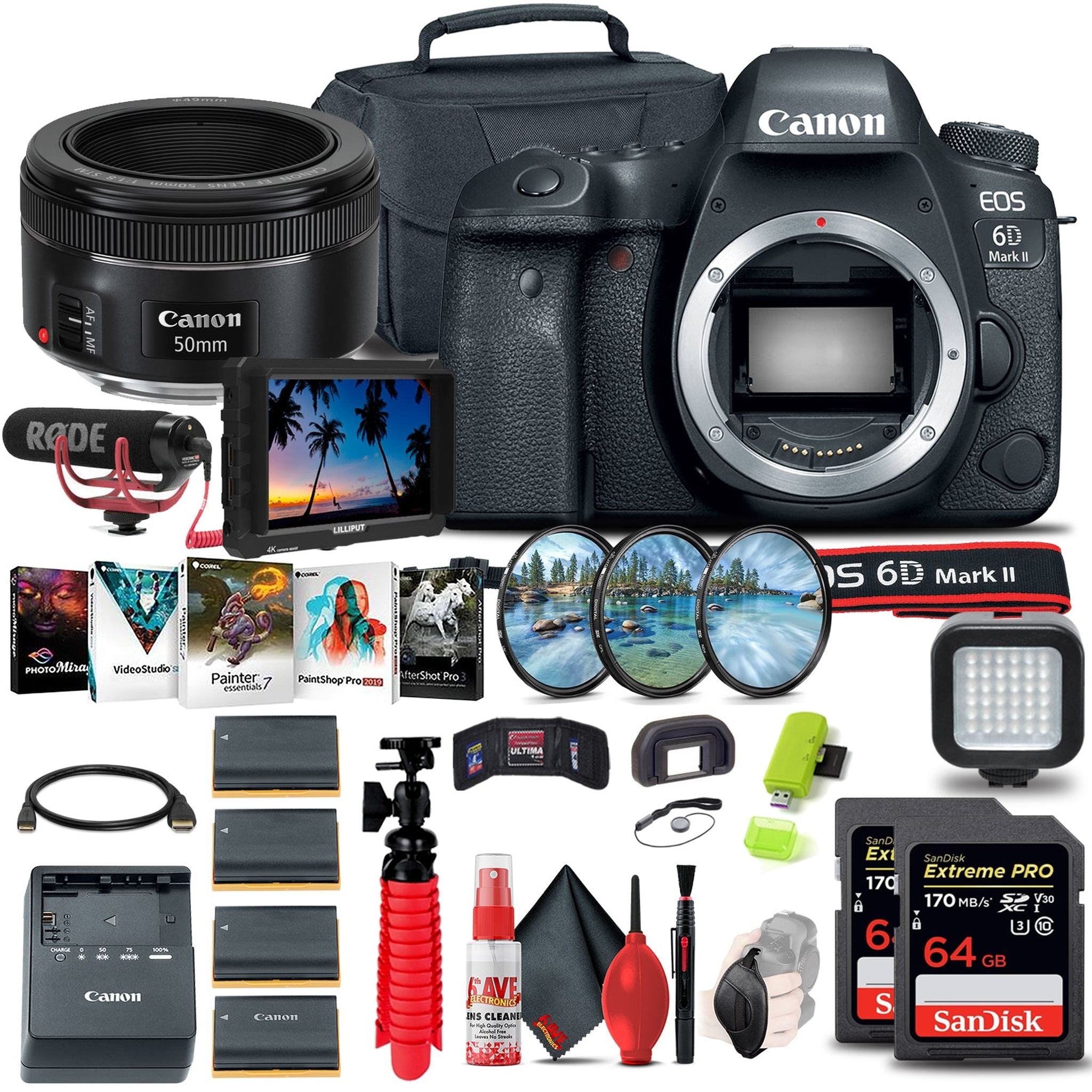 Canon EOS 6D Mark II DSLR Camera 1897C002 + 4K Monitor + Canon EF + More - Reconditioned Canon
