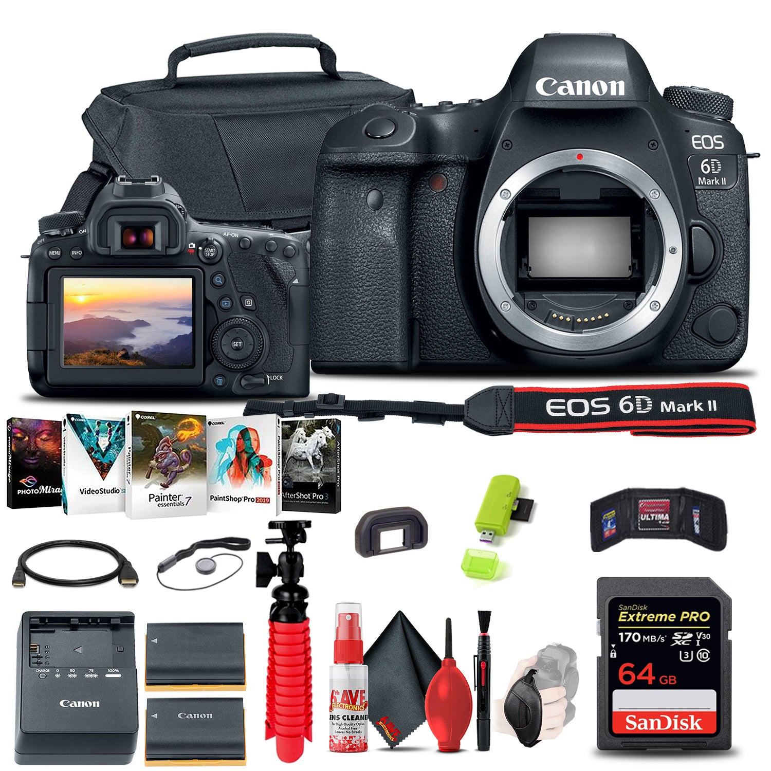 Canon EOS 6D Mark II DSLR Camera (1897C002) Extra Battery & Storage Bundle