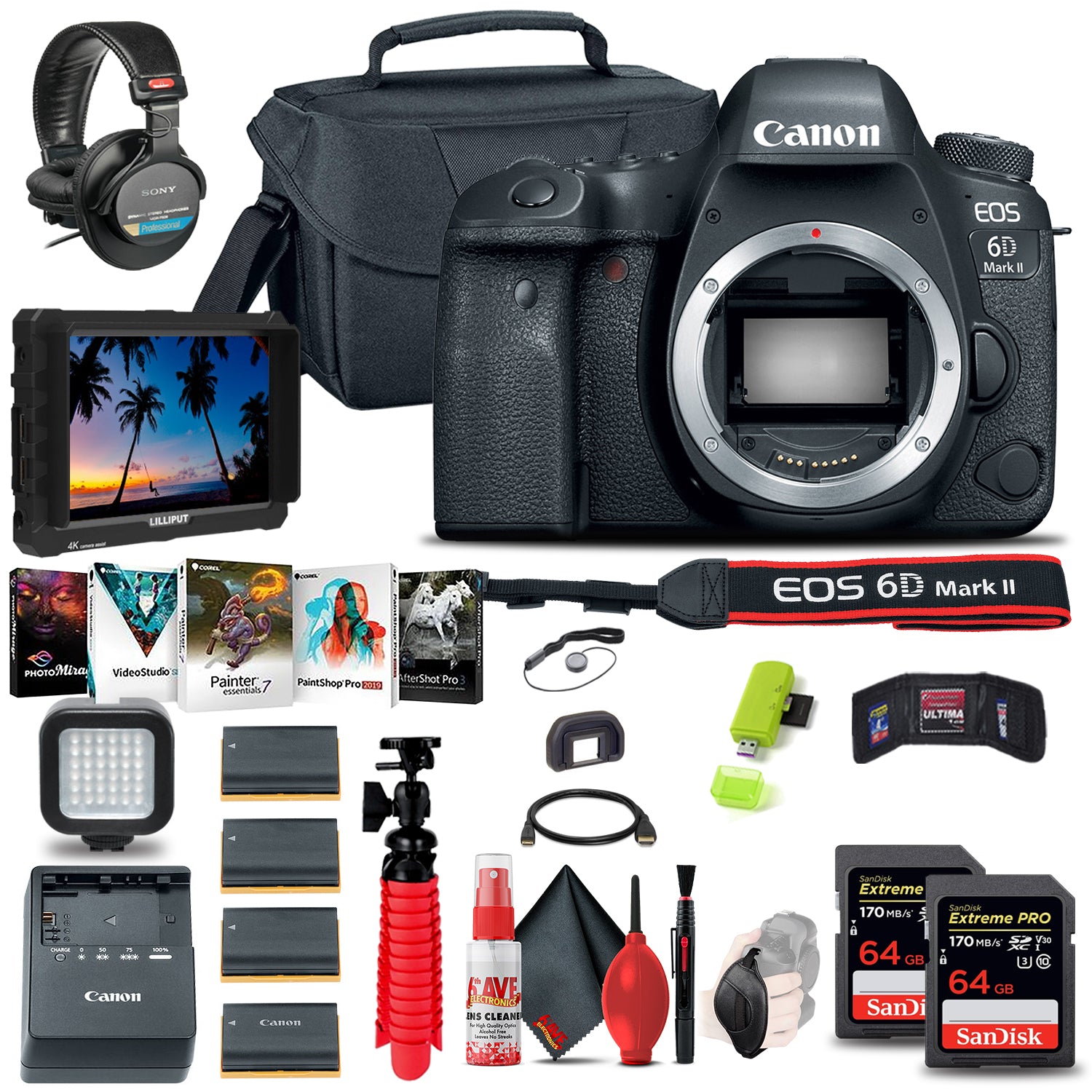 Canon EOS 6D Mark II DSLR Camera (Body Only) (1897C002) + 4K Monitor + More