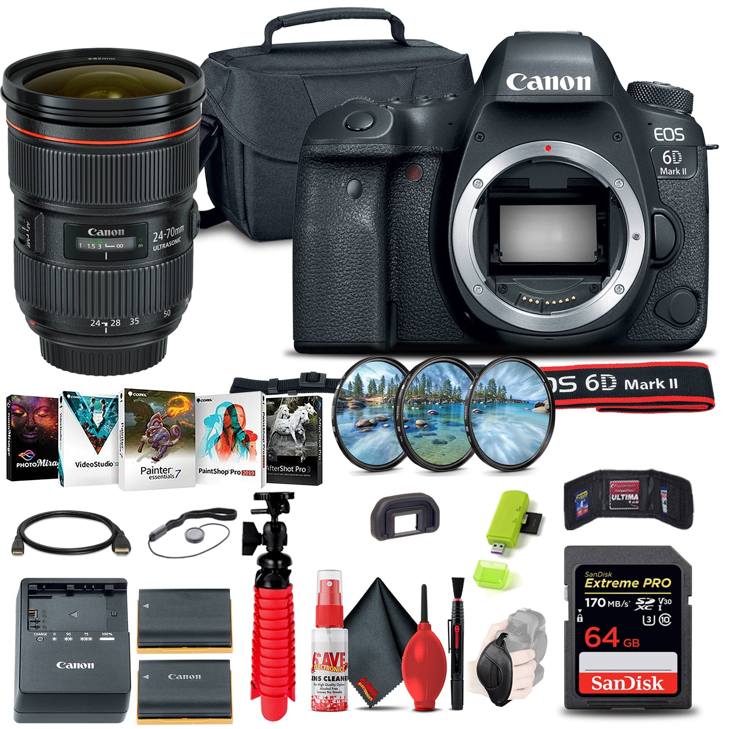 Canon EOS 6D Mark II DSLR Camera (1897C002) + Canon EF 24-70mm Lens + More