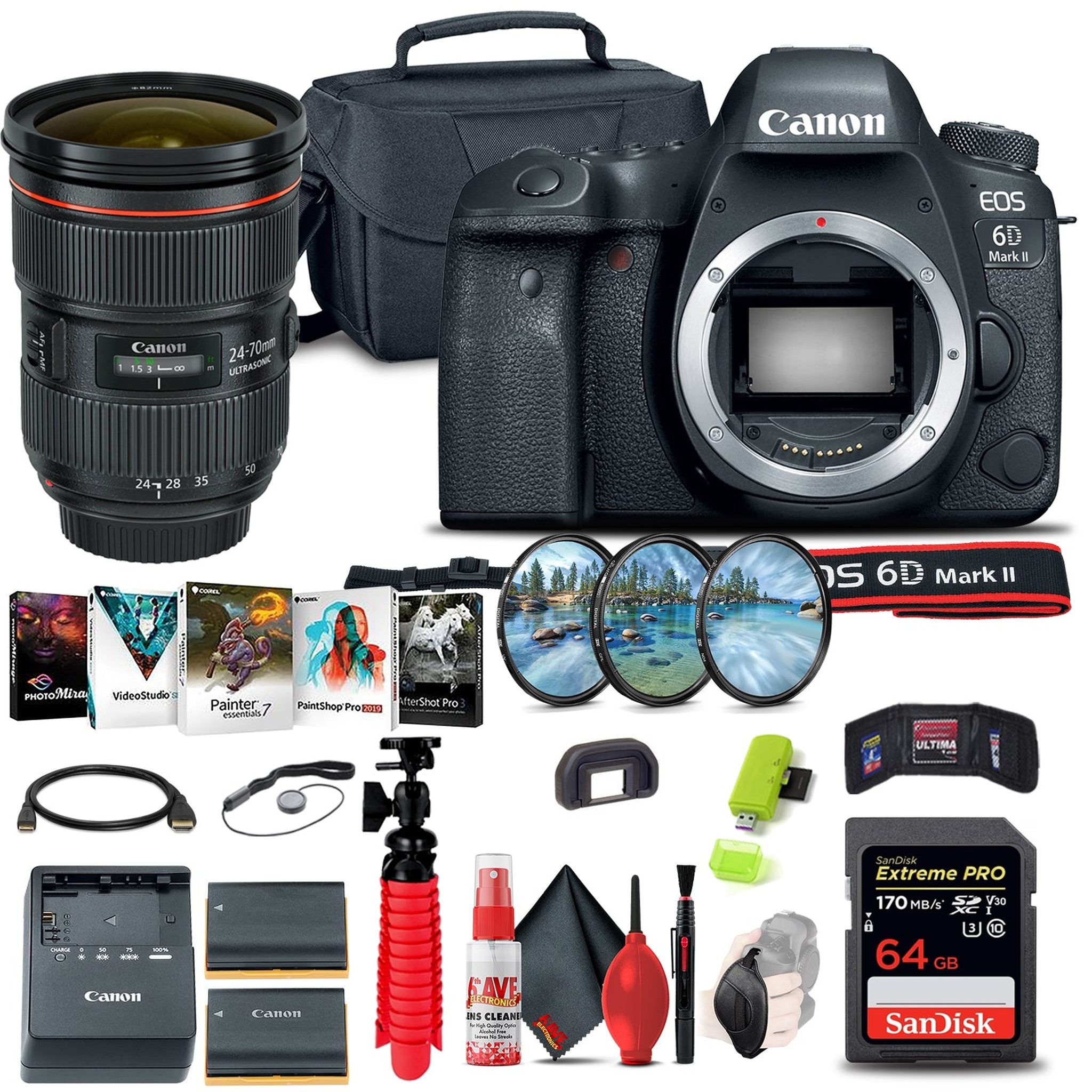 Canon EOS 6D Mark II DSLR Camera 1897C002 + Canon EF 24-70mm Lens + More - Reconditioned Canon