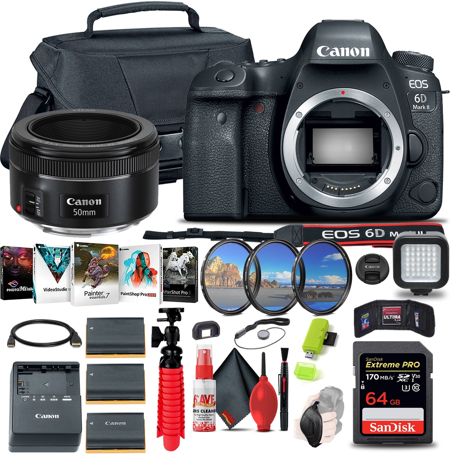 Canon EOS 6D Mark II DSLR Camera (1897C002) + Canon EF 50mm Lens All in One Bundle