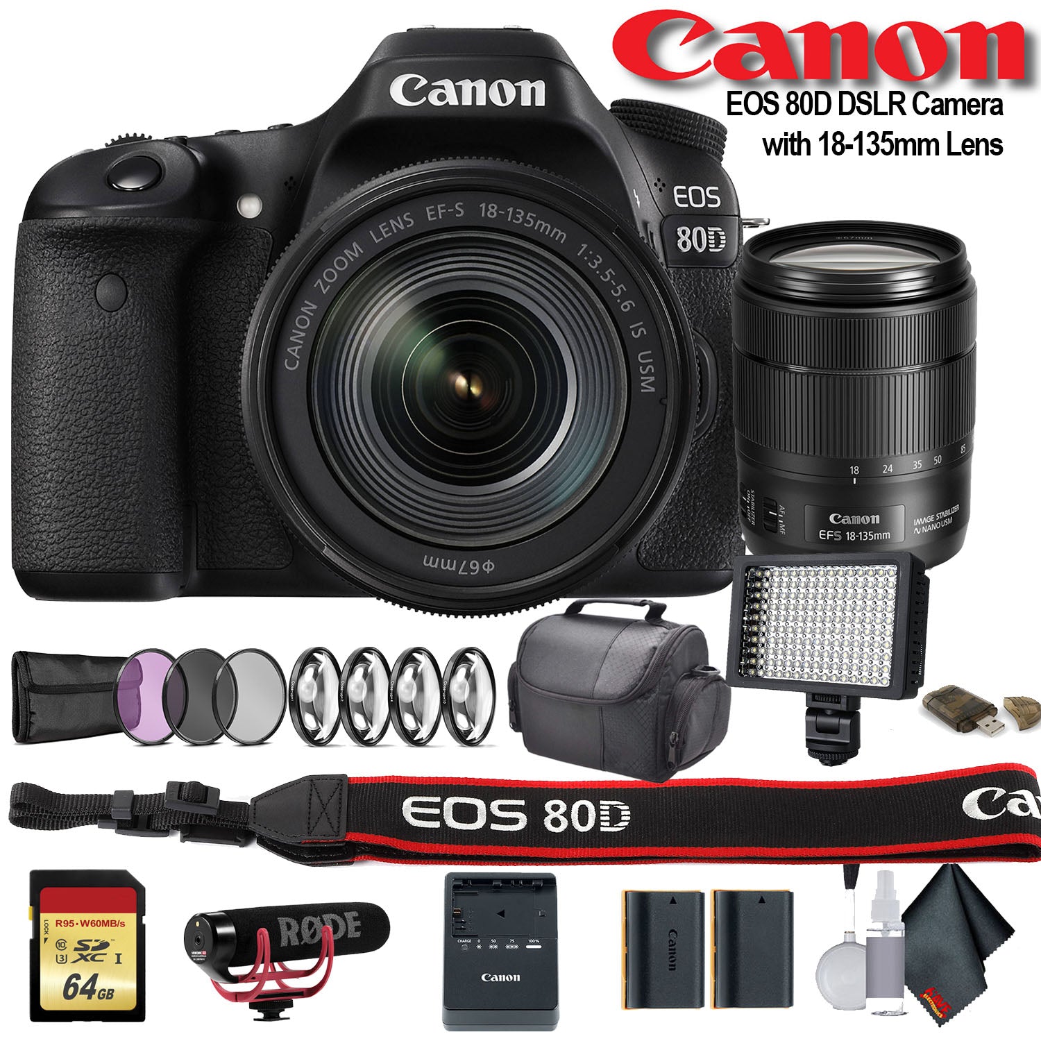 Canon EOS 80D DSLR Camera with 18-135mm Lens (1263C006) W/Bag, Extra Battery, LED Light, Mic, Filters and More - Advance