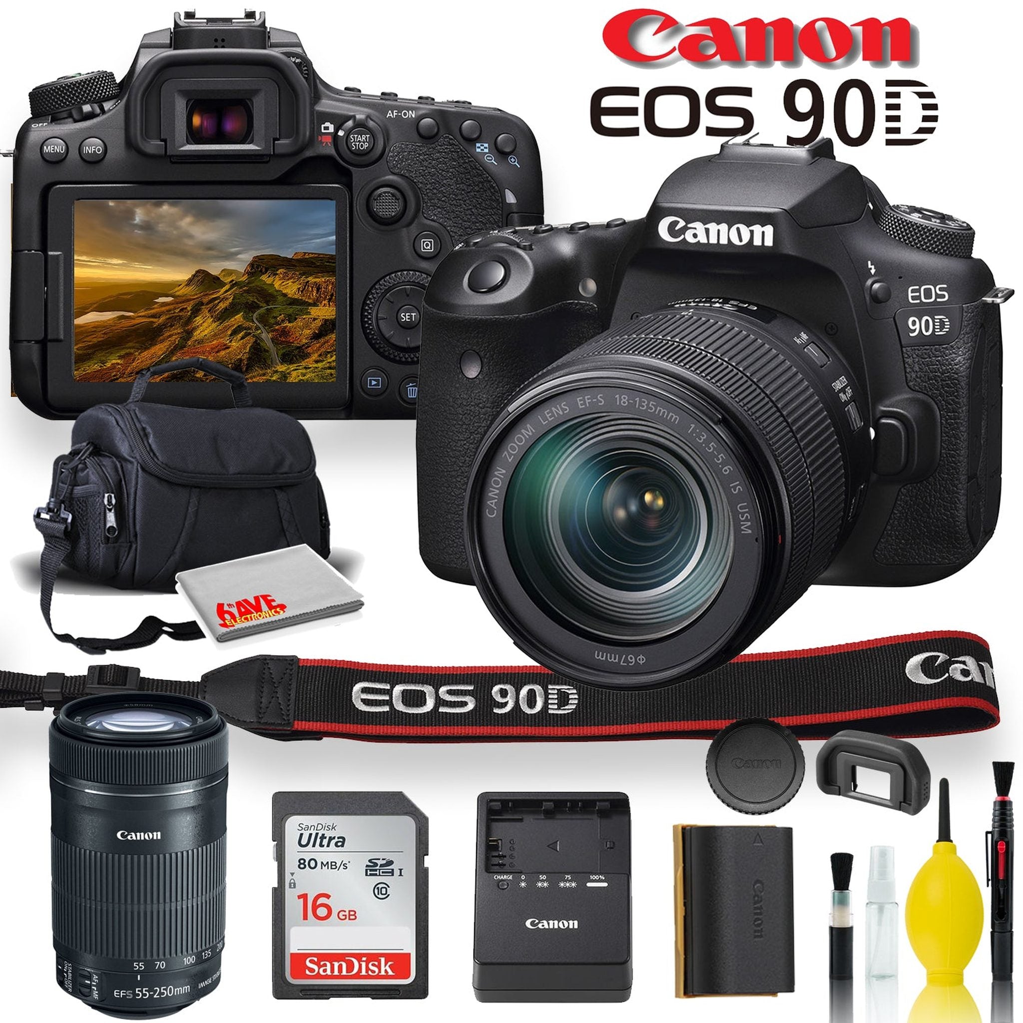 Canon EOS 90D DSLR Camera With 18-135mm Lens, Canon EF-S 55-250mm f/4-5.6 IS STM Lens, Soft Padded Case, Memory Card, and More - Used Canon