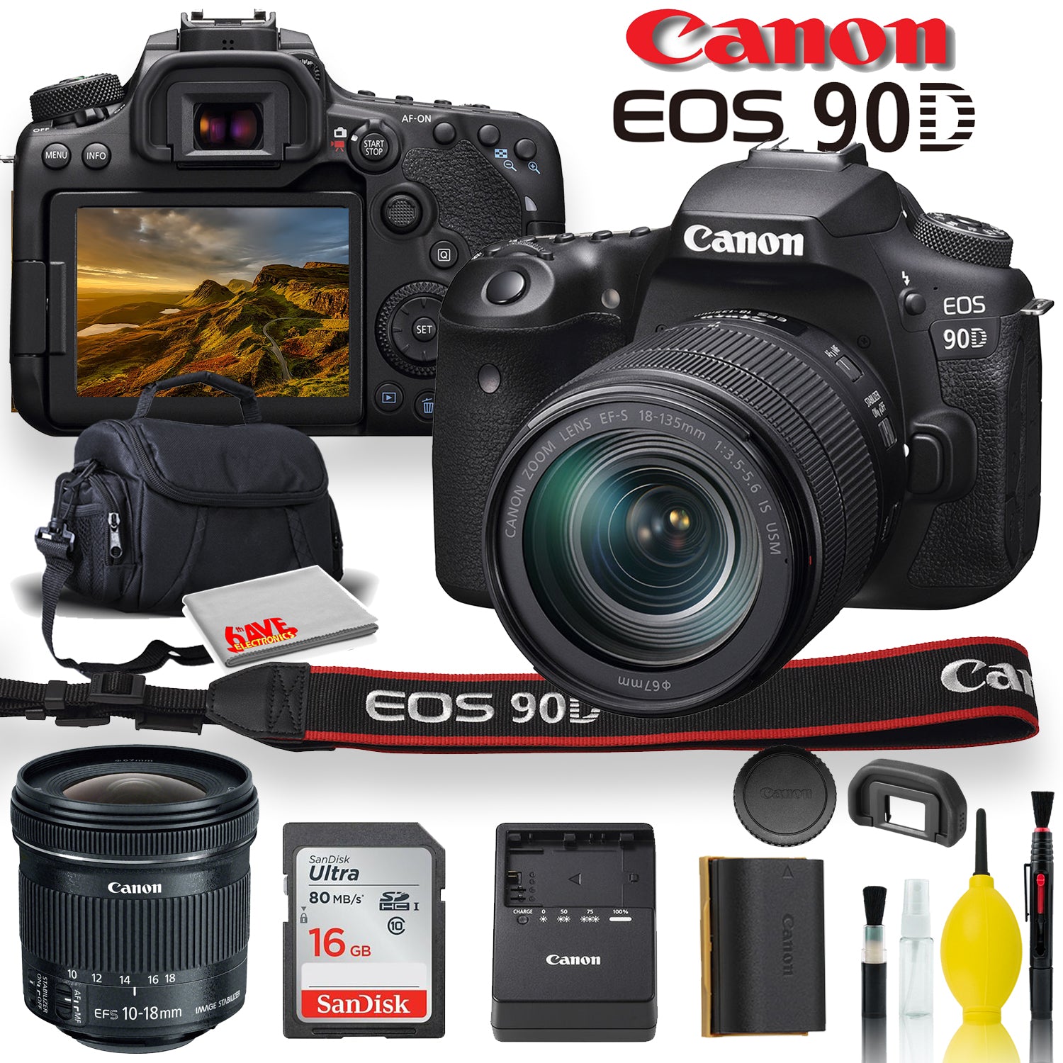 Canon EOS 90D DSLR Camera With 18-135mm Lens, Canon EF-S 10-18mm f/4.5-5.6 IS STM Lens, Soft Padded Case, Memory Card, and More