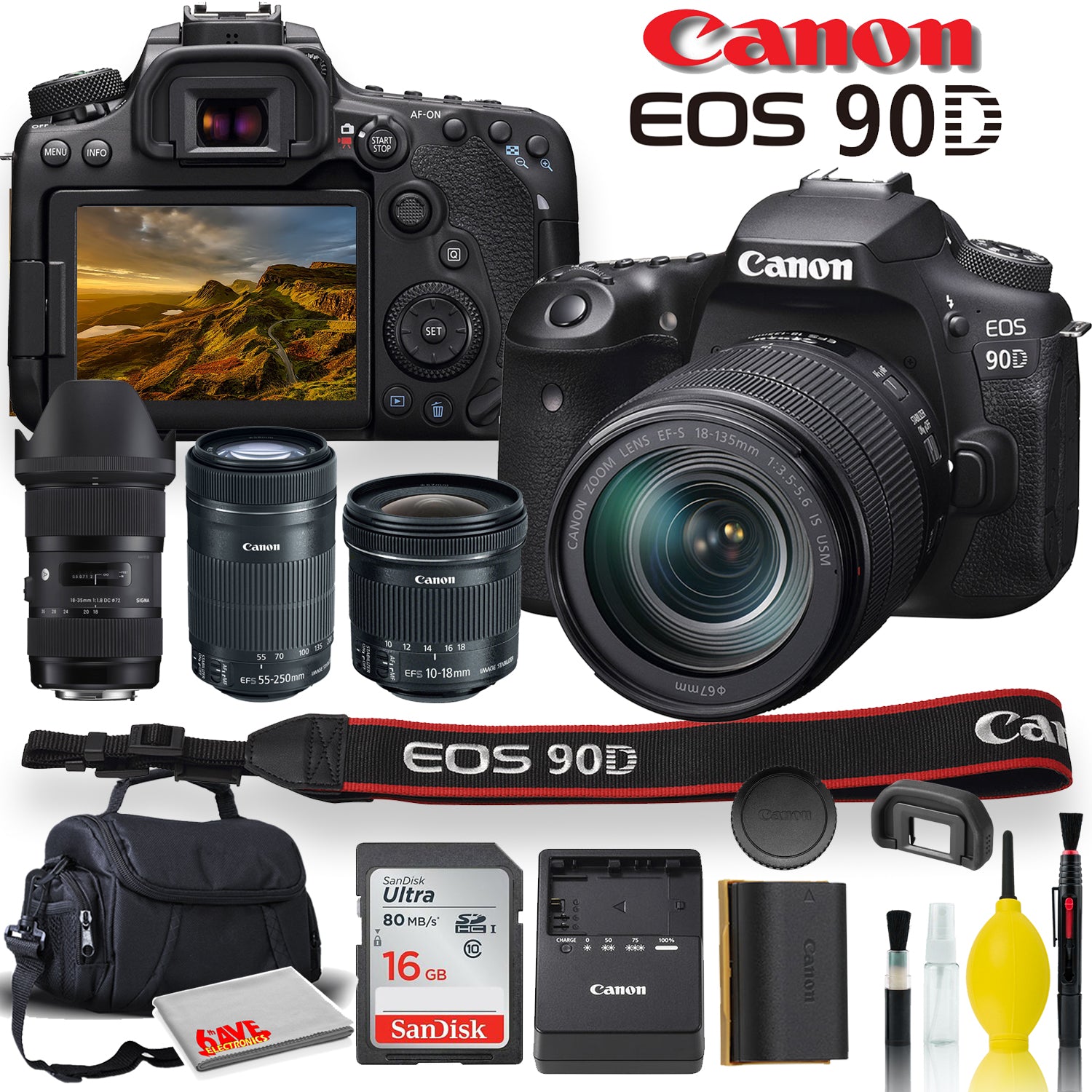 Canon EOS 90D DSLR Camera With 18-135mm Lens, Sigma 18-35mm, Canon EF-S 55-250mm, Canon EF-S 10-18mm, Soft Padded Case, Memory Card, and More - Triple Lens Set