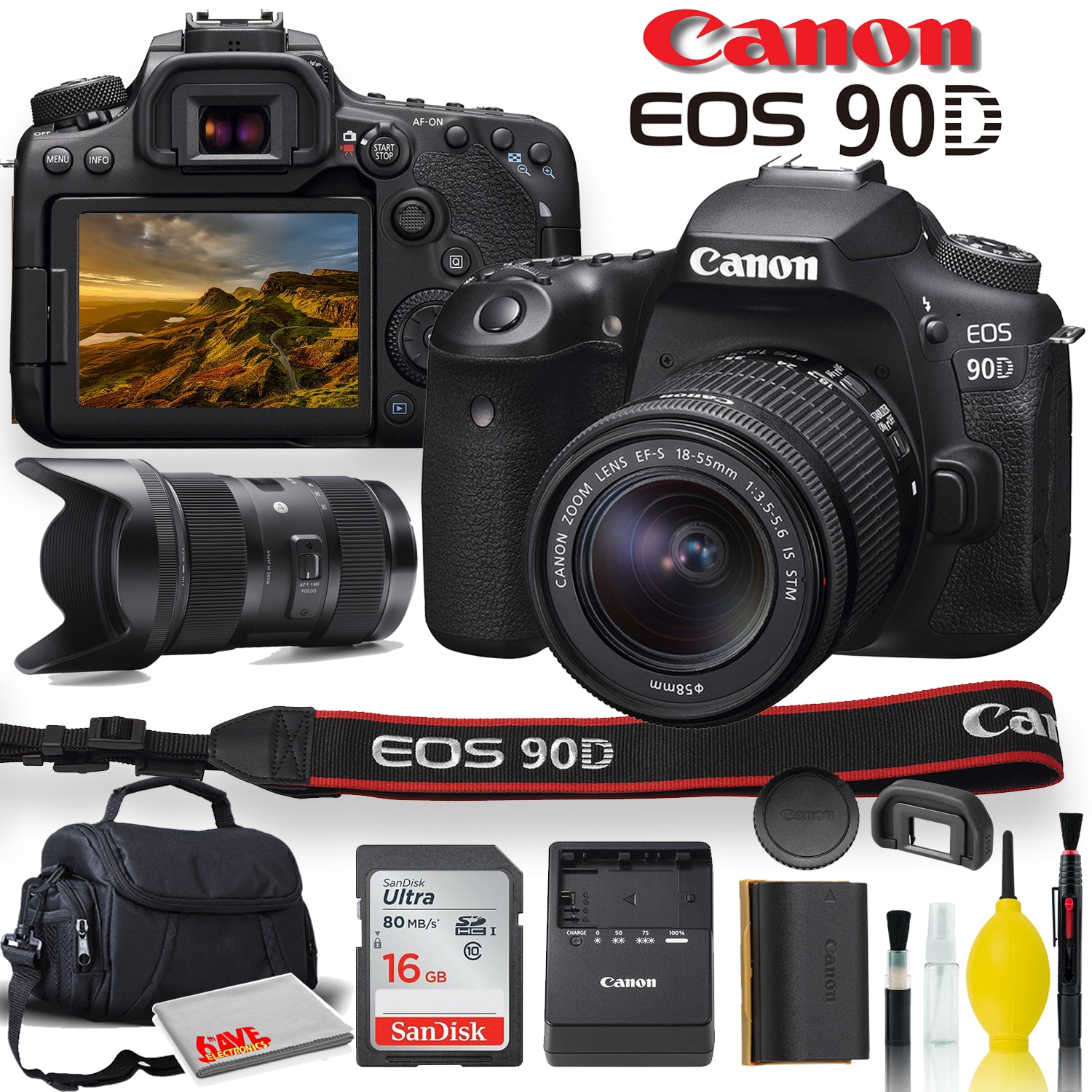 Canon EOS 90D DSLR Camera With 18-55mm Lens, Sigma 18-35mm Lens, Soft Padded Case, Memory Card, and More