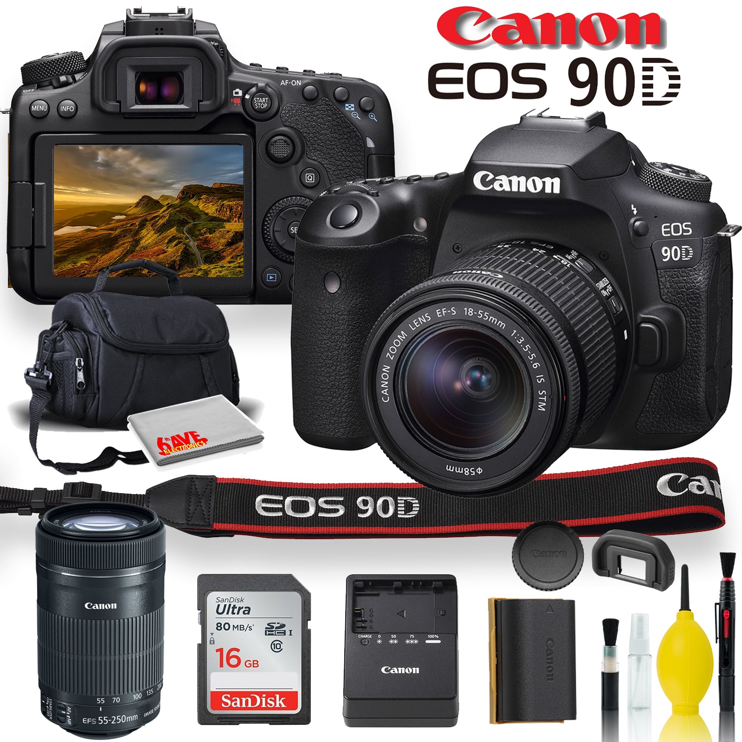 Canon EOS 90D DSLR Camera With 18-55mm Lens, Canon EF-S 55-250mm f/4-5.6 IS STM Lens, Soft Padded Case, Memory Card, and More