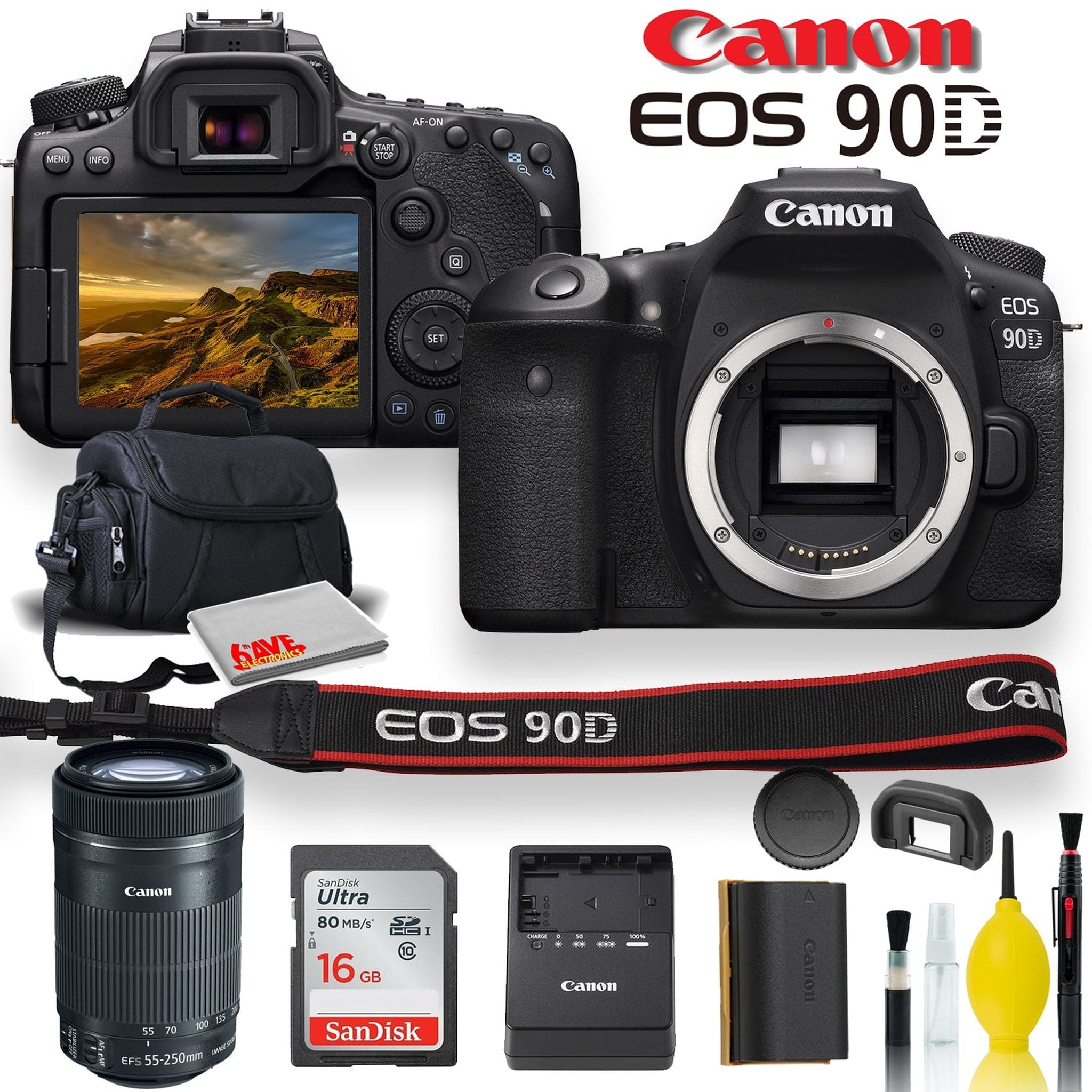 Canon EOS 90D DSLR Camera With Canon EF-S 55-250mm f/4-5.6 IS STM Lens, Soft Padded Case, Memory Card, and More Canon