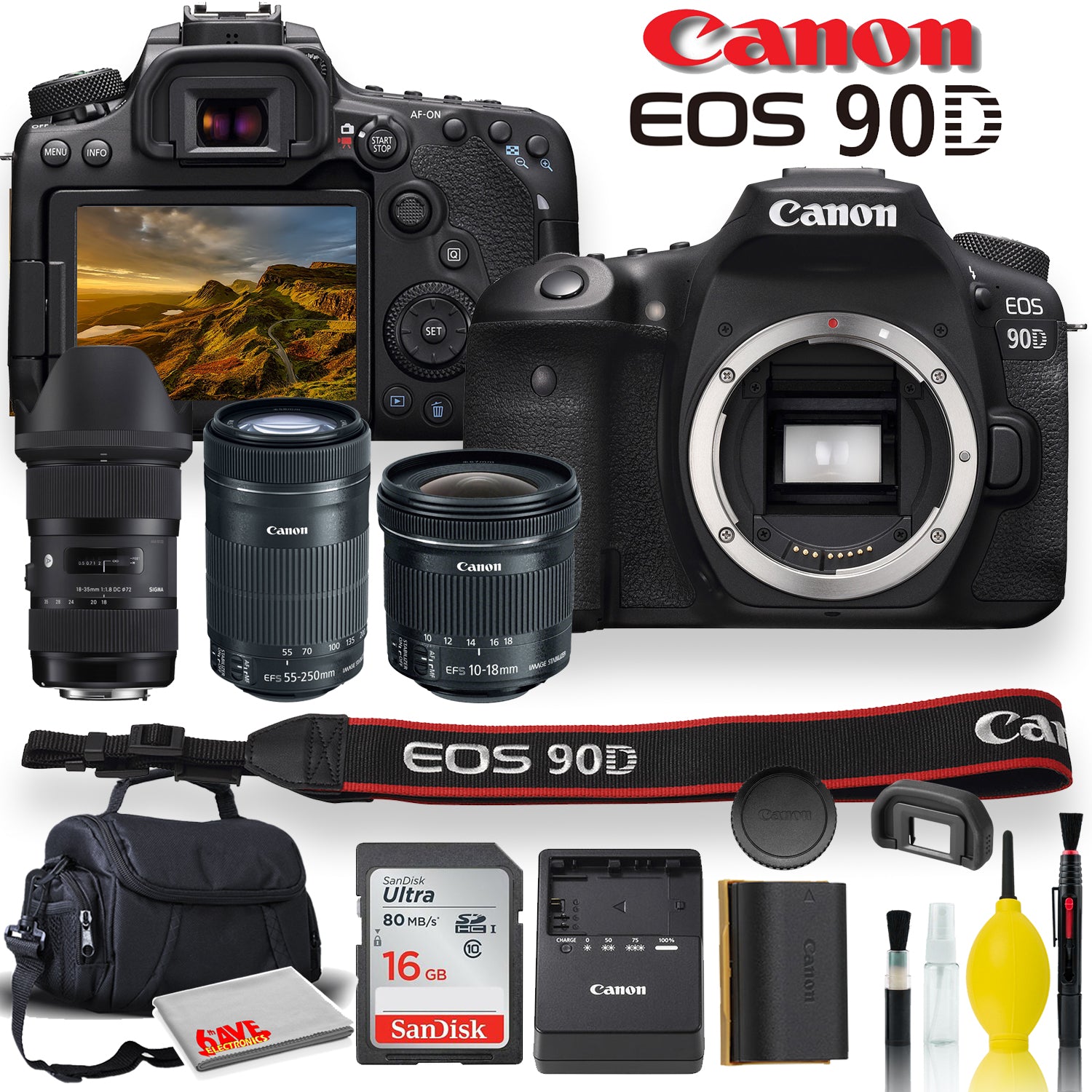 Canon EOS 90D DSLR Camera With Sigma 18-35mm, Canon EF-S 55-250mm, Canon EF-S 10-18mm, Soft Padded Case, Memory Card, and More - Triple Lens Set