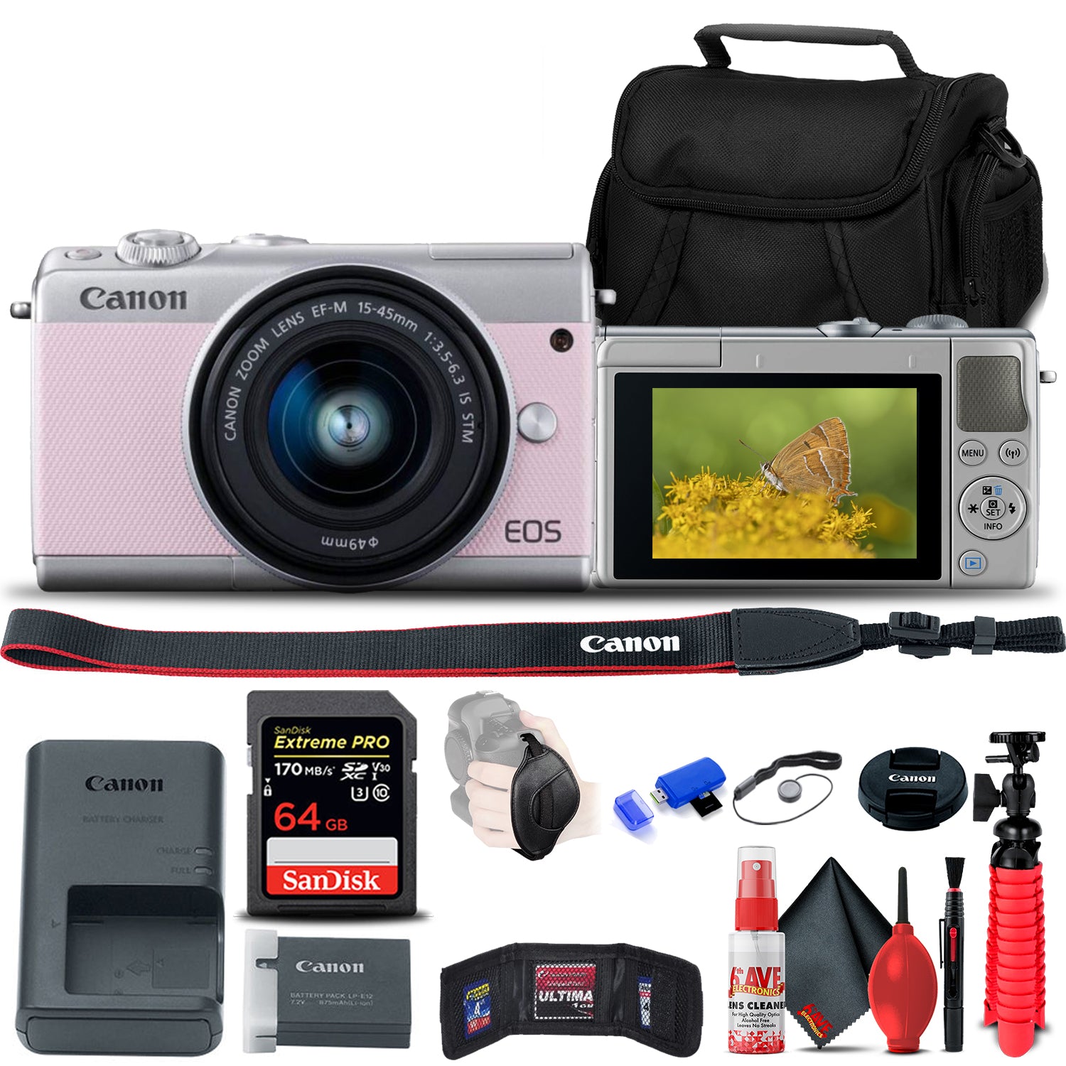 Canon EOS M100 Mirrorless Camera W/ 15-45mm Lens Pink + 64GB Card + More Bundle