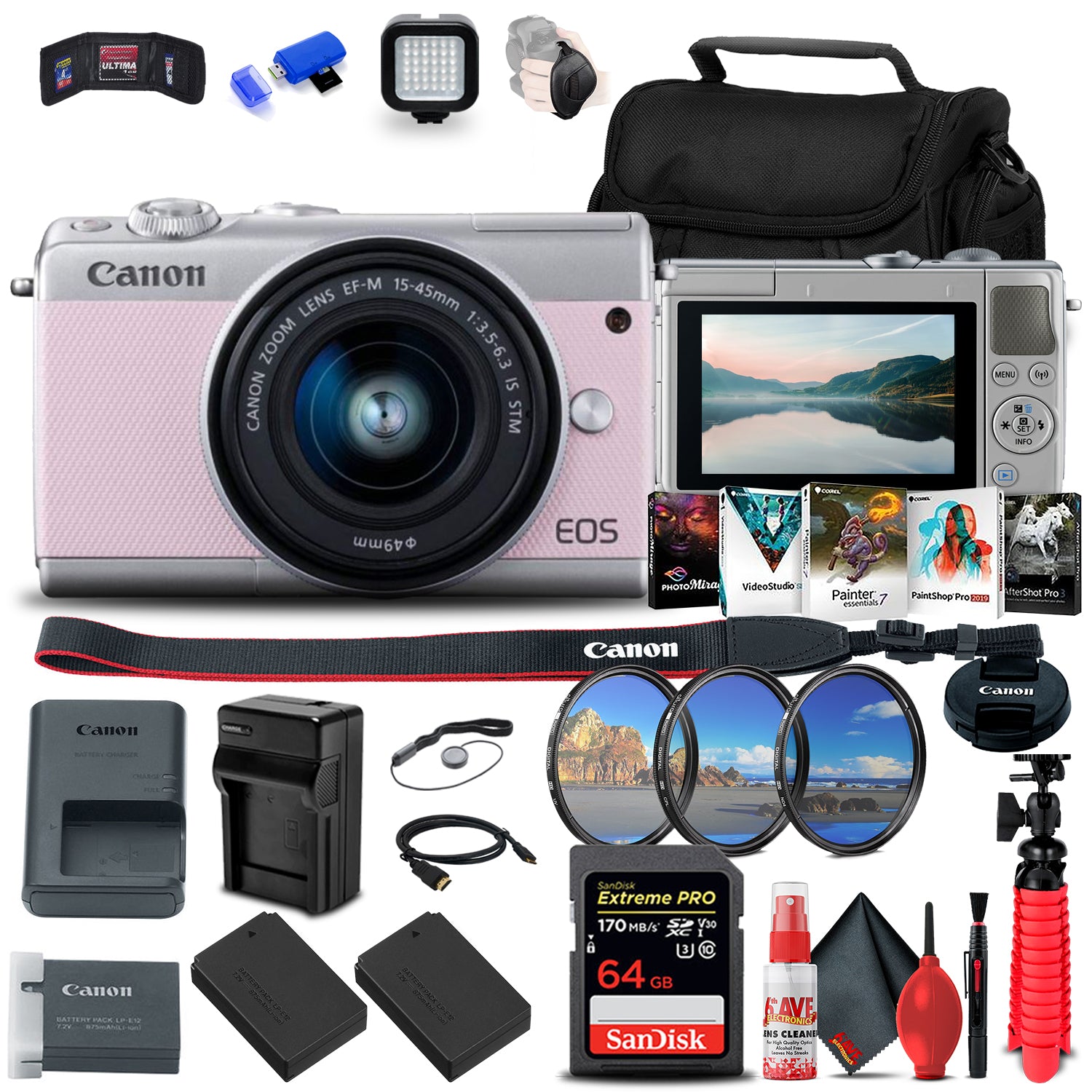 Canon EOS M100 Mirrorless Camera W/ 15-45mm Lens Pink + 64GB Card + More Bundle