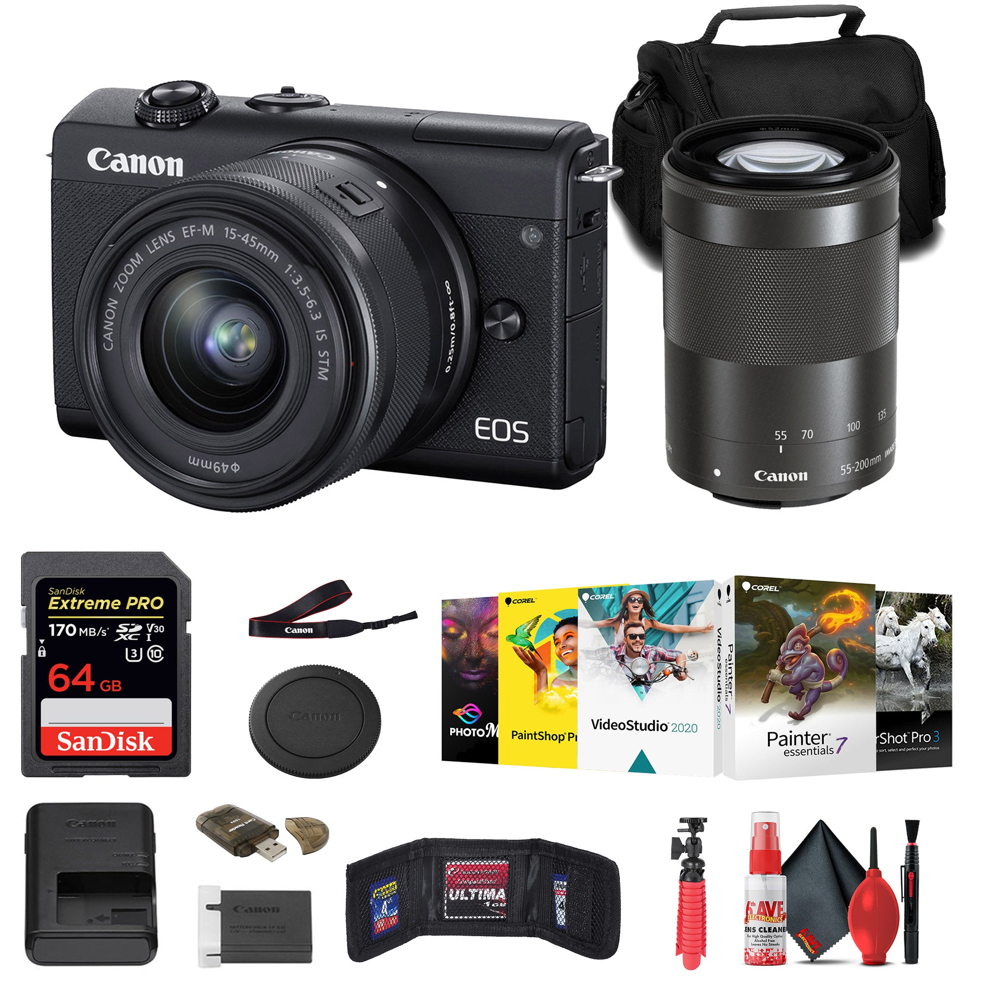 Canon EOS M200 Mirrorless Camera with 15-45mm and 55-200mm Lenses (Black) + 64GB + More