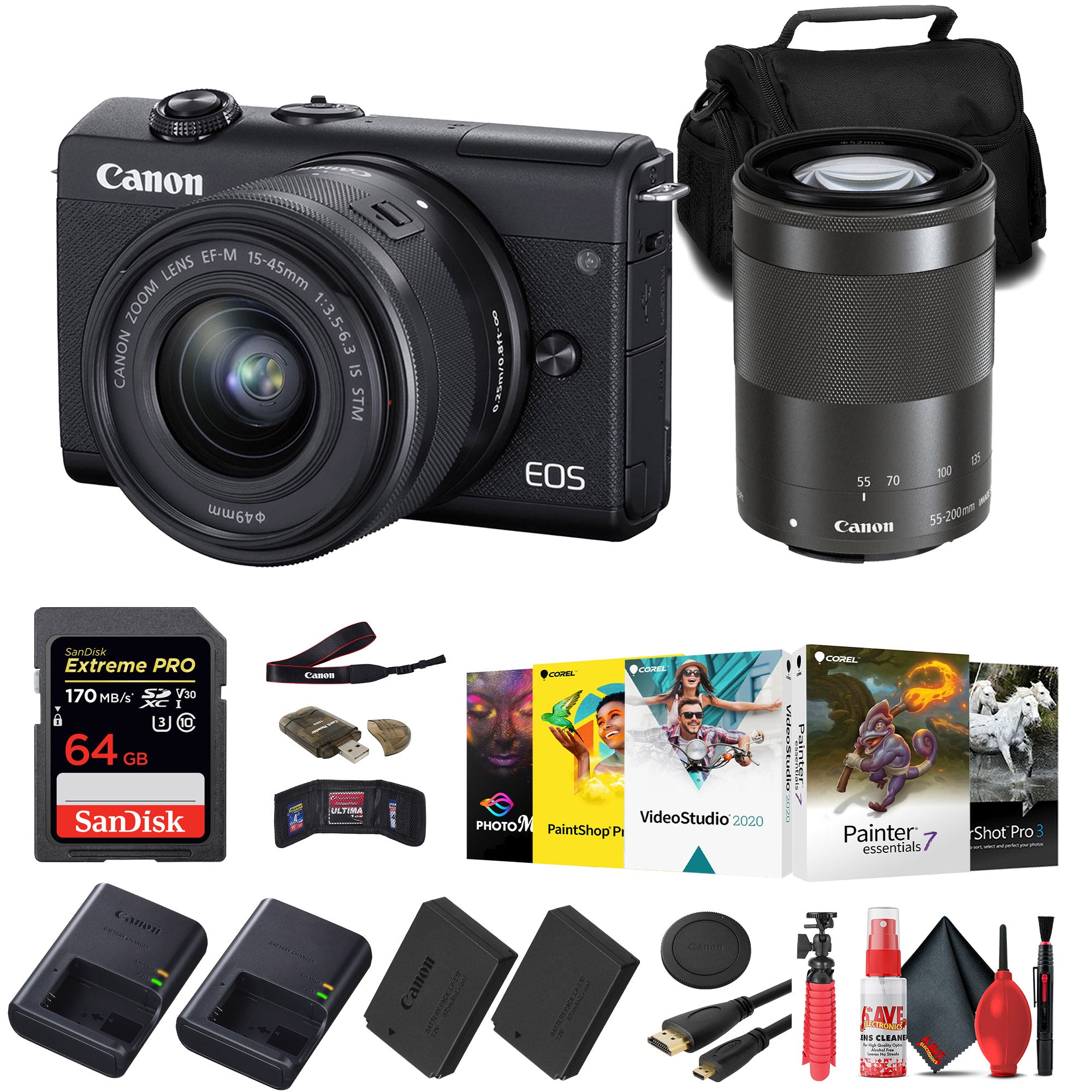 Canon EOS M200 Mirrorless Camera with 15-45mm and 55-200mm Lenses (Black) + 64GB + More