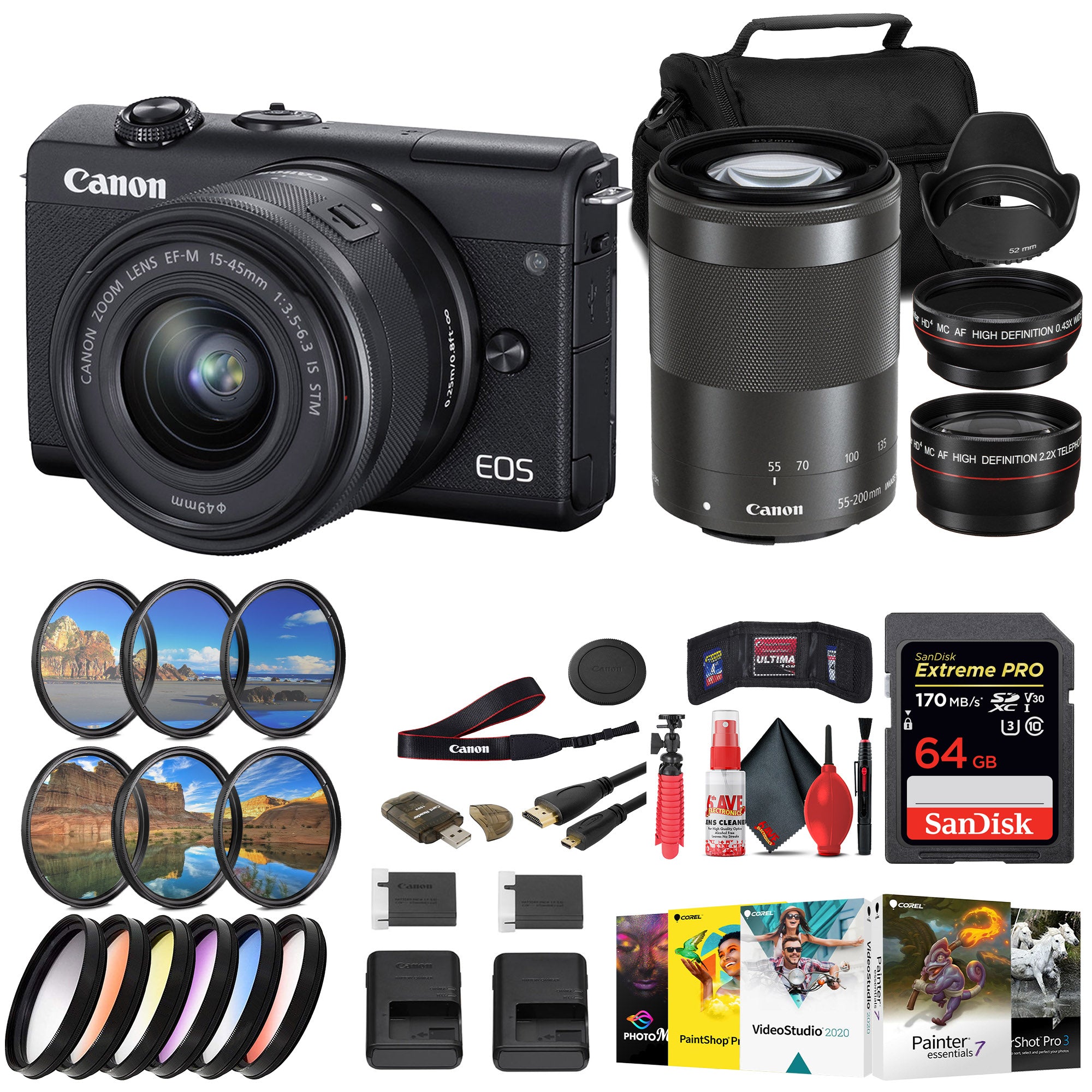 Canon EOS M200 Mirrorless Camera with 15-45mm and 55-200mm Lenses (Black) + 64GB + More