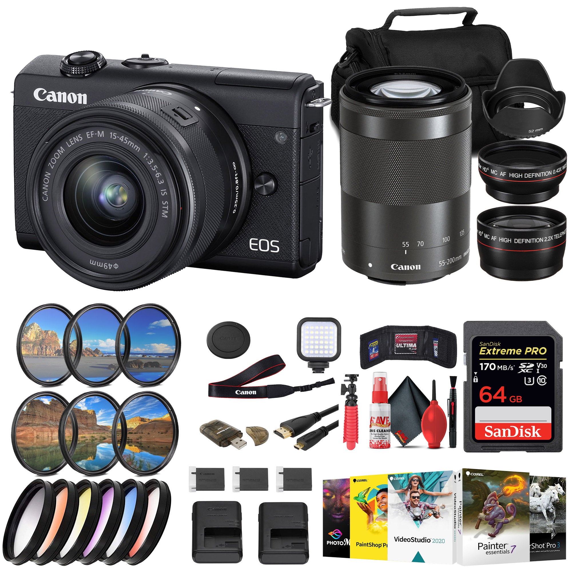 Canon EOS M200 Mirrorless Camera with 15-45mm and 55-200mm Lenses (Black) + 64GB + More