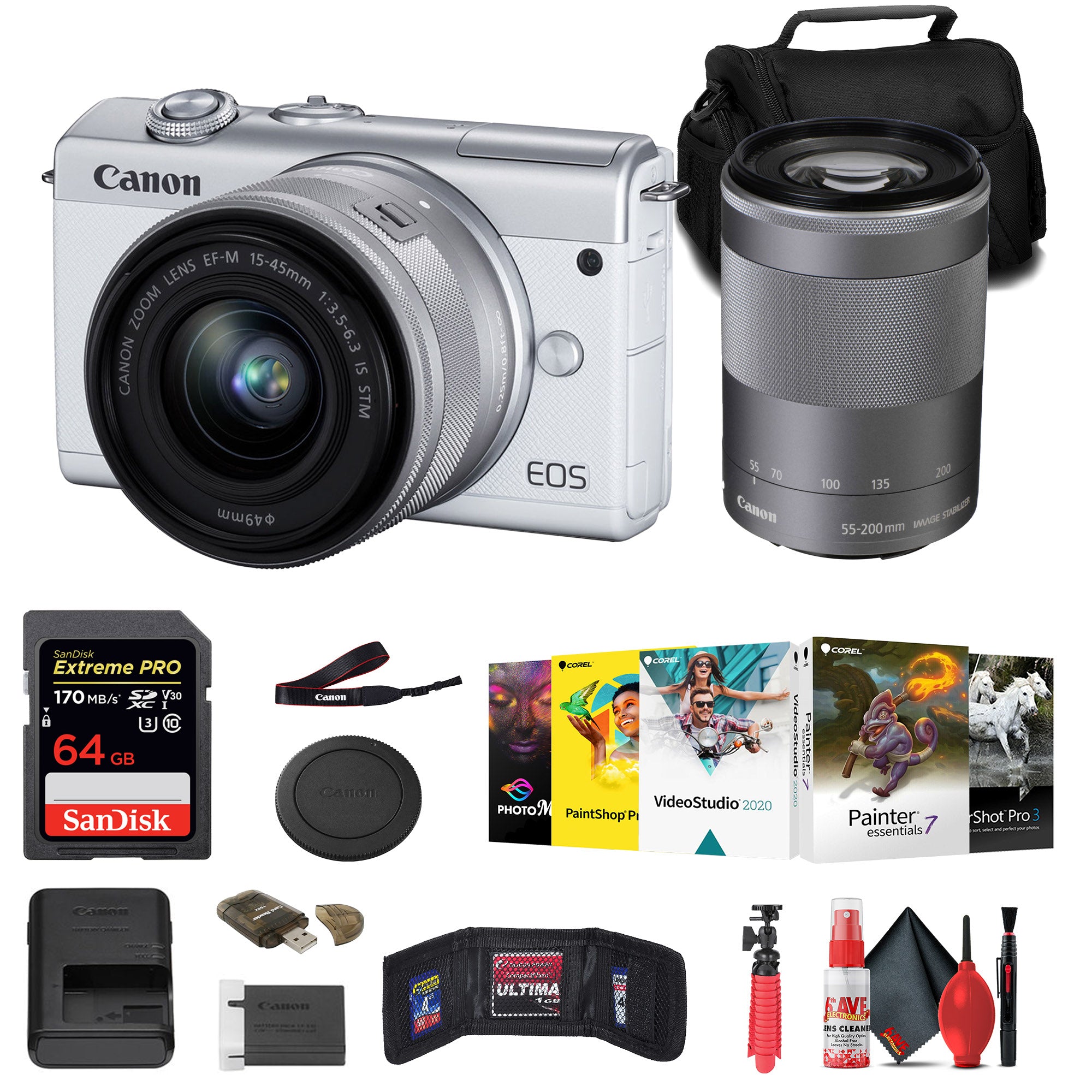 Canon EOS M200 Mirrorless Camera with 15-45mm and 55-200mm Lenses (White) + 64GB Card + More