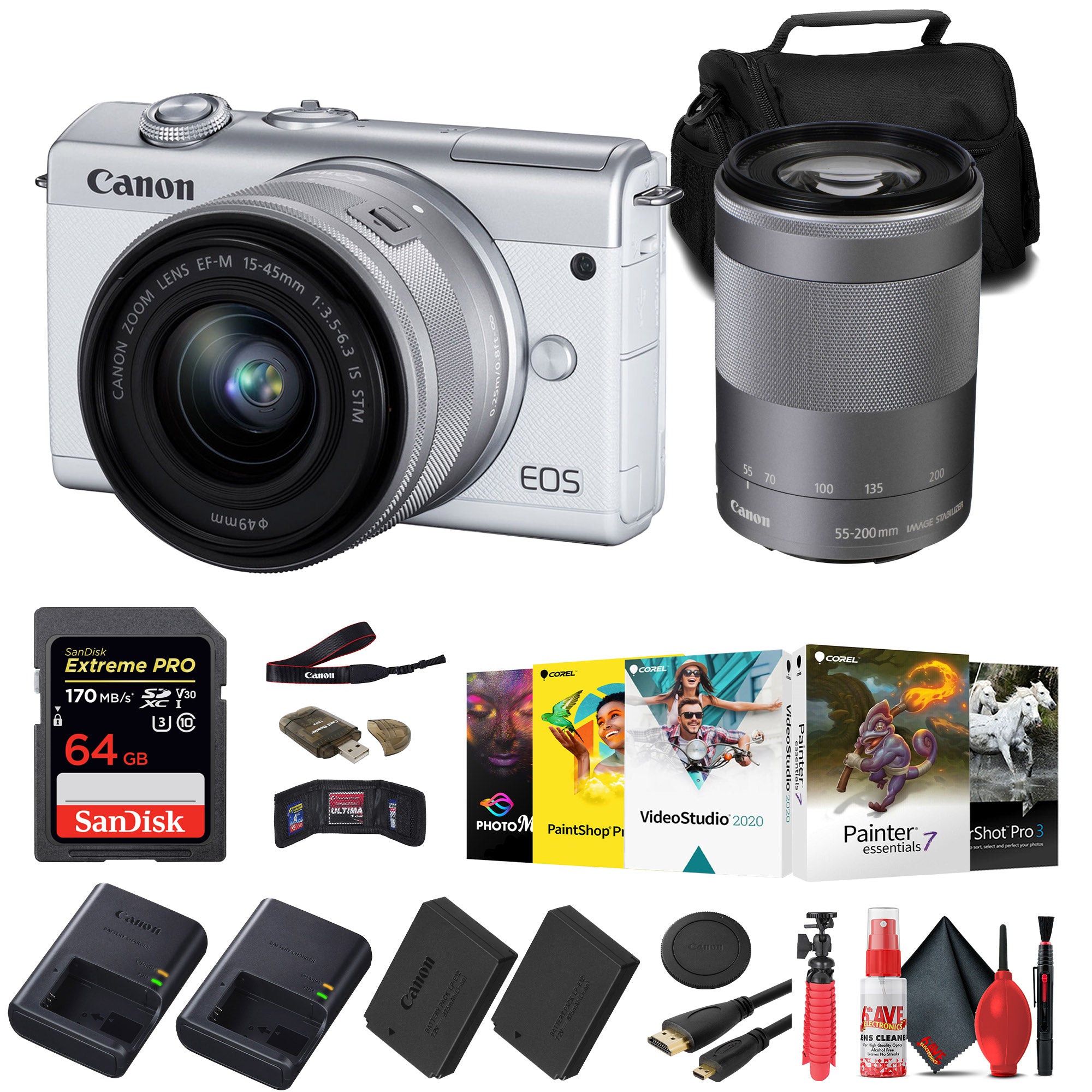 Canon EOS M200 Mirrorless Camera with 15-45mm and 55-200mm Lenses (White) + 64GB Card + More