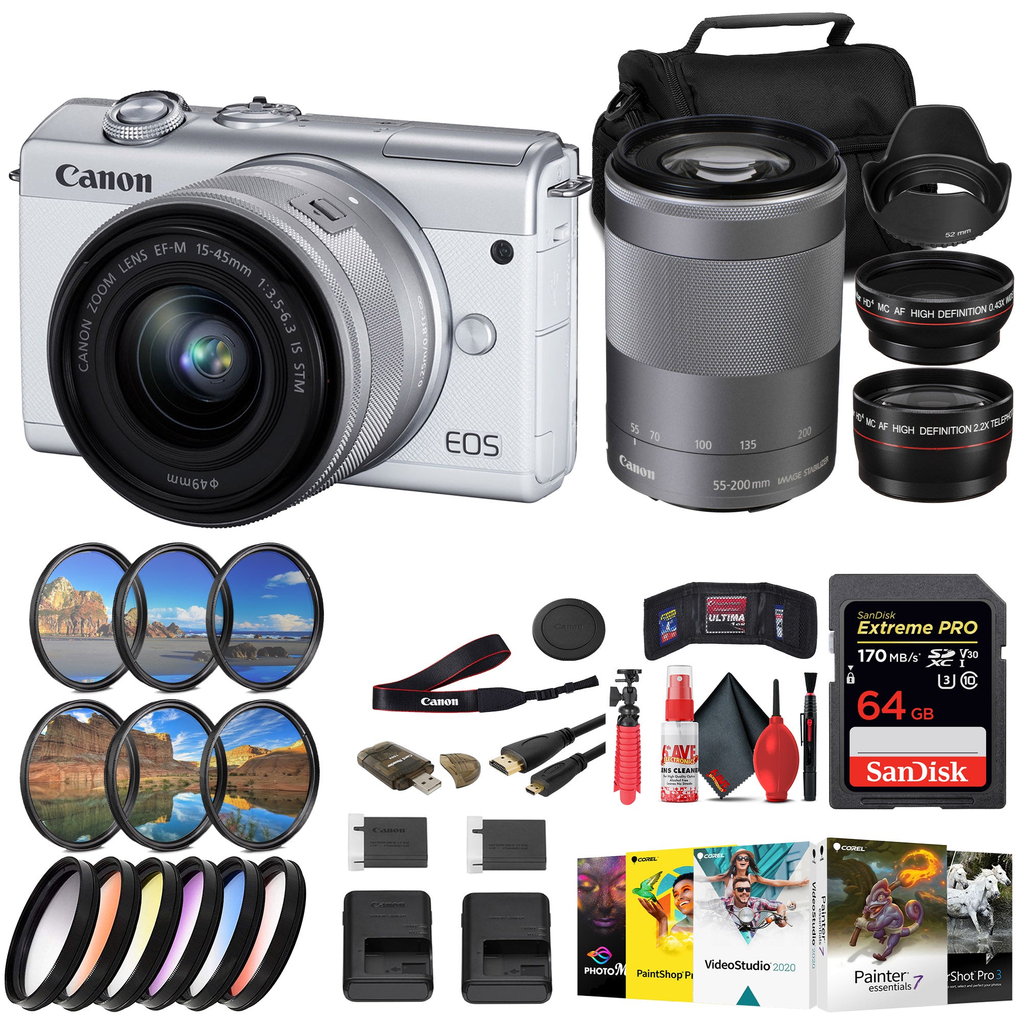 Canon EOS M200 Mirrorless Camera with 15-45mm and 55-200mm Lenses (White) + 64GB Card + More